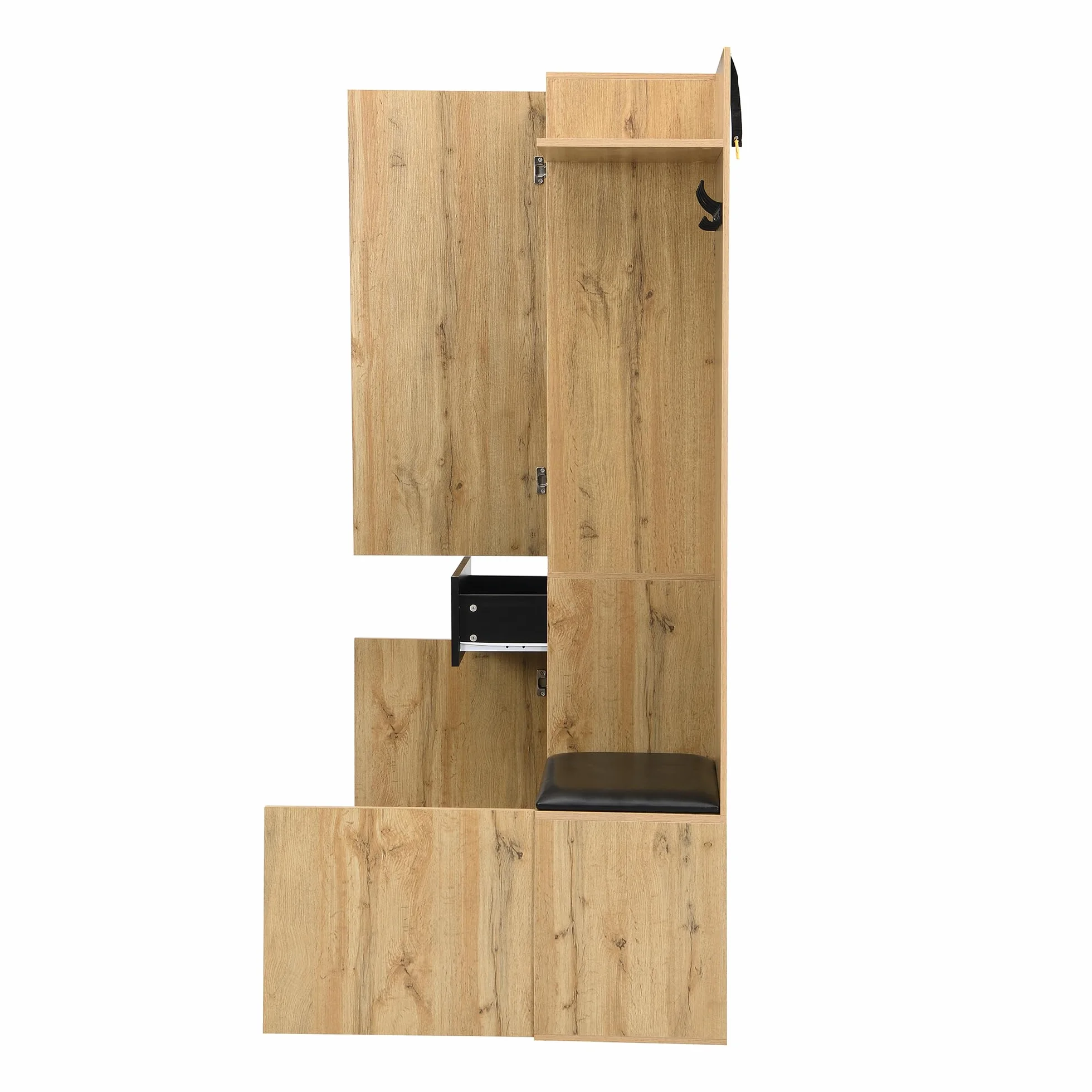 Set appendiabiti con 5 ganci appendiabiti, specchio, scarpiera, armadio a muro con ripiani superiori, cassetti, ripiani superiori, panca appendiabiti da corridoio (nero + naturale)