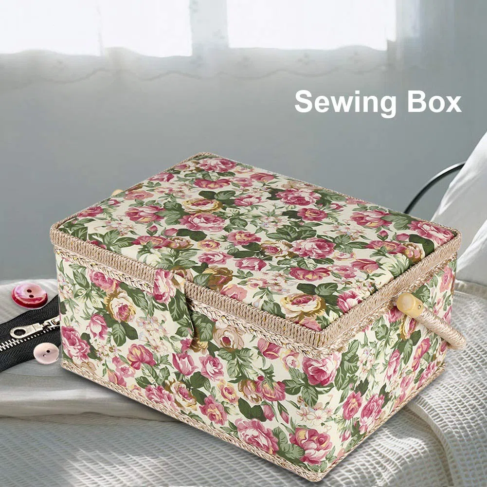 FLEXMAN Cestino da Cucito Grande, Scatola Portaoggetti per Kit da Cucito con Stampa Floreale in Tessuto, Organizer per Scatola da Cucito con Manico Ergonomico per Piccoli Articoli
