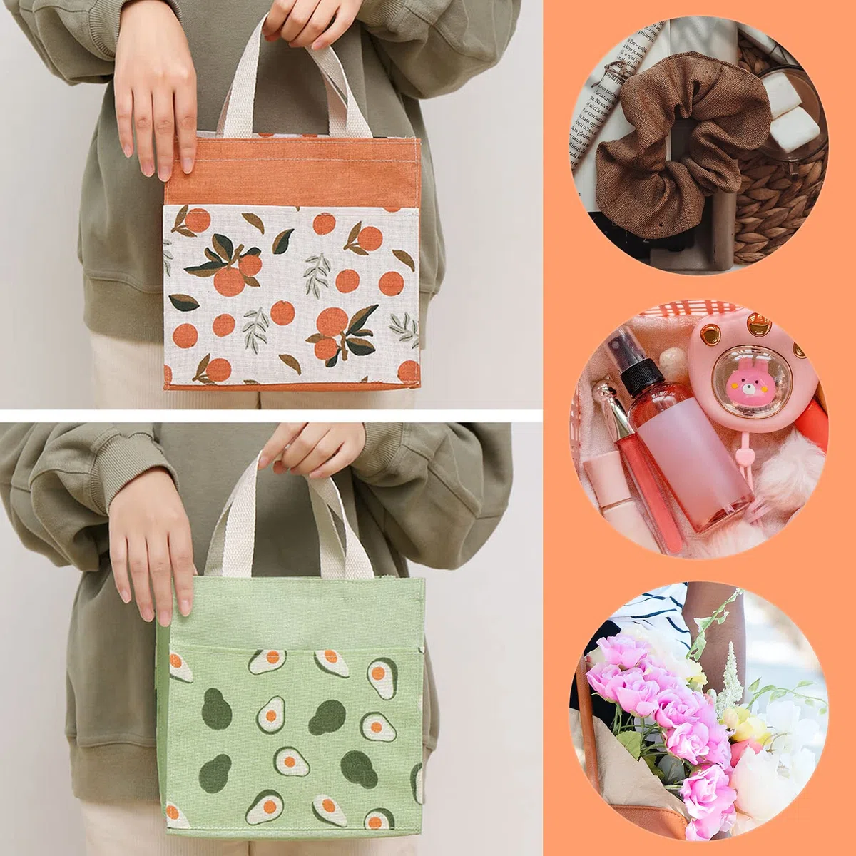 Mini Borsa Tote Tela, 2pz Borsa di Tela Donna Borsa Shopper Cotone, per Uscire Shopping(Verde + Arancio, 22 * 22 cm)