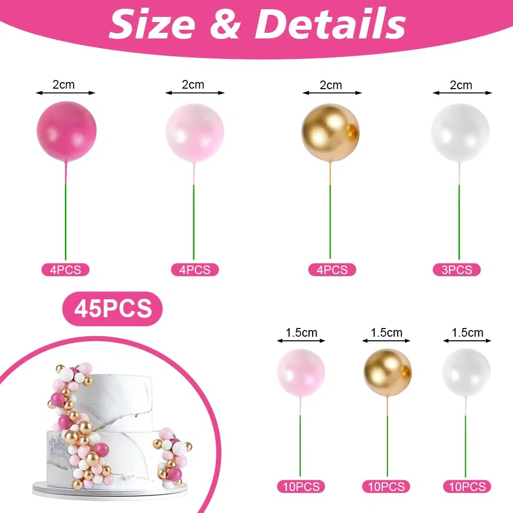 URAQT Palline Sfera Cake Topper, 45 Pz Mini Palloncino per Torta, Ball Cupcake Perle Balls Inserto, per Anniversario Festa di Compleanno Baby Shower (A)