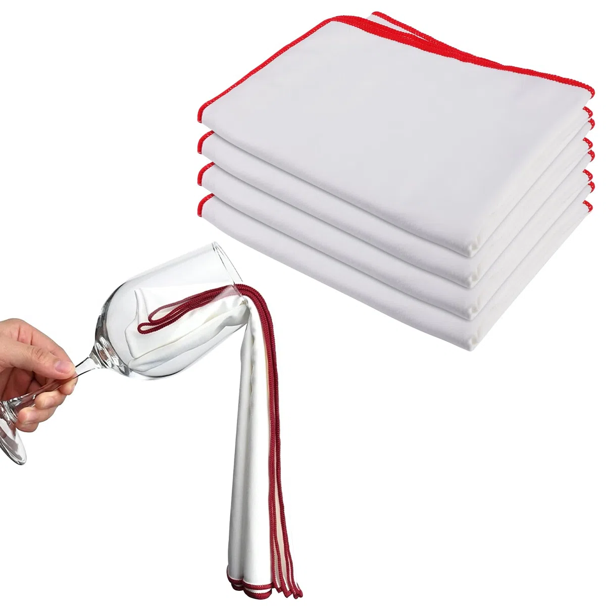 Vaileal 4 panni lucidanti per bicchieri da vino, 45x60 cm, microfibra, riutilizzabili, senza aloni, bianchi, bordo rosso