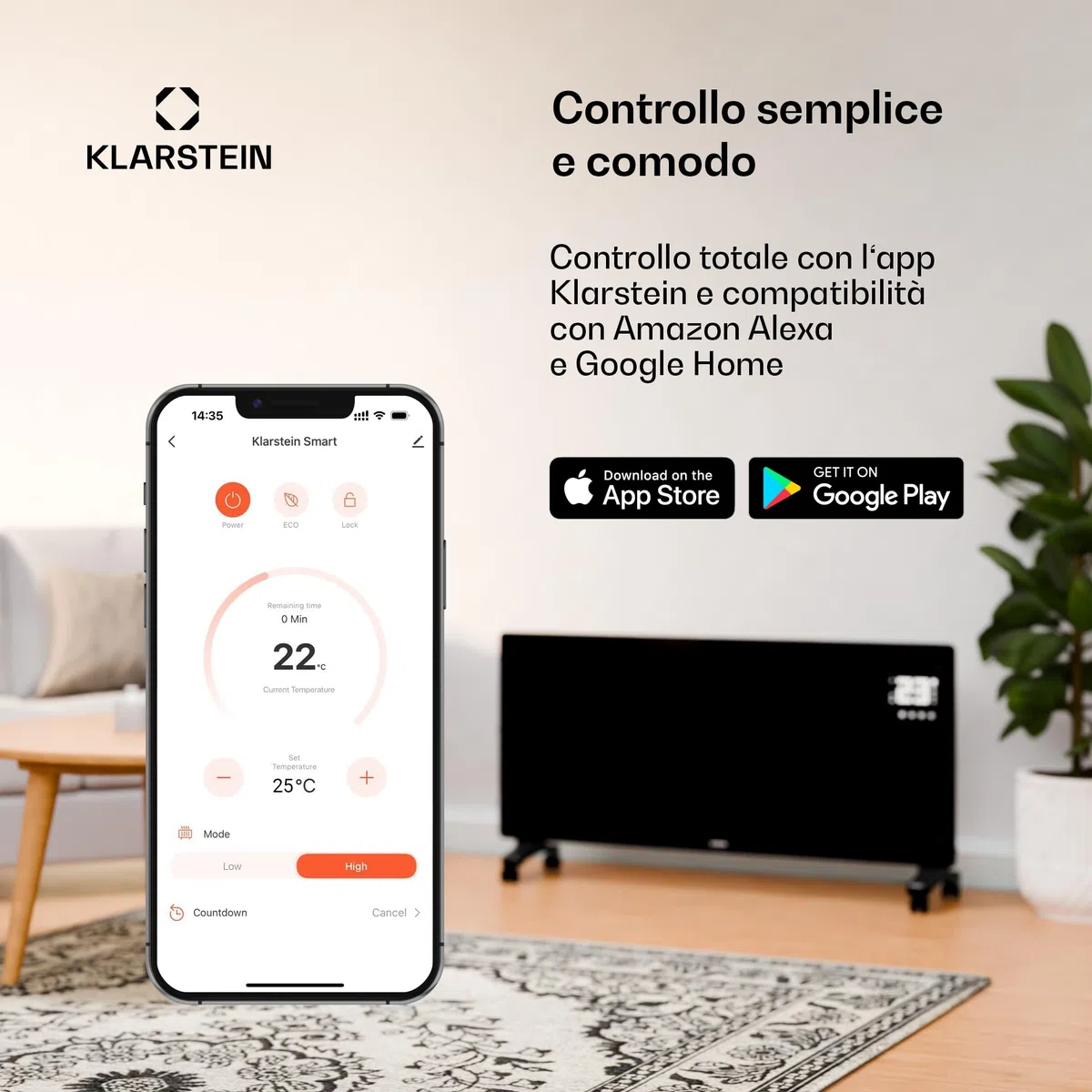 Klarstein Stufa Elettrica a Raggi IR Basso Consumo 600W con Telecomando, Timer e WiFi App, Pannello Radiante per Riscaldamento Domestico, No CO2