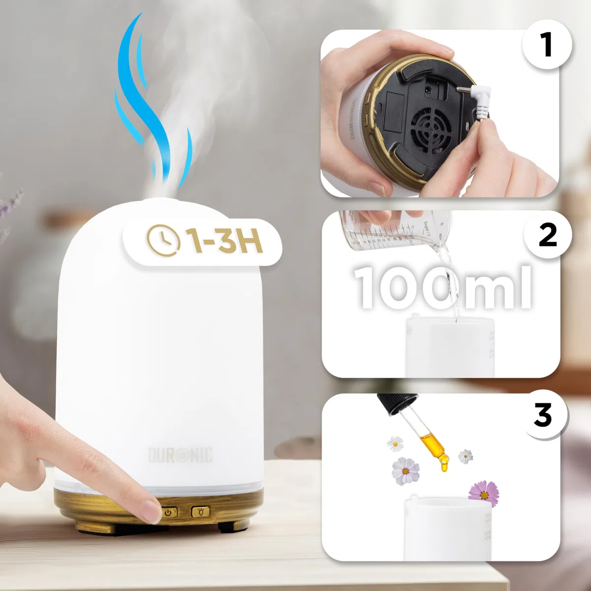 Duronic AD11 Diffusore di Oli Essenziali Diffusore aromatico 100ml Aromaterapia con Luce per Oli Essenziali Senza BPA Vaporizzatore aromaterapico