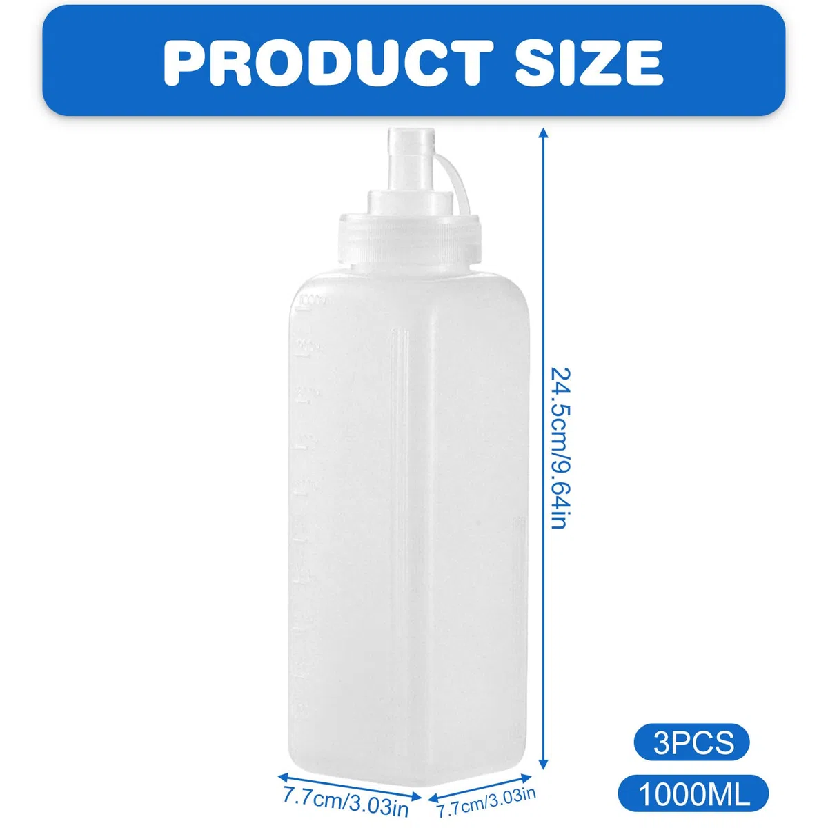 BAIFULAI 3 bottiglie da spremere, 1000 ml, in plastica, con cappuccio, dosatore, trasparente, senza perdite, per pittura, ketchup, salsa piccante, olio d'oliva