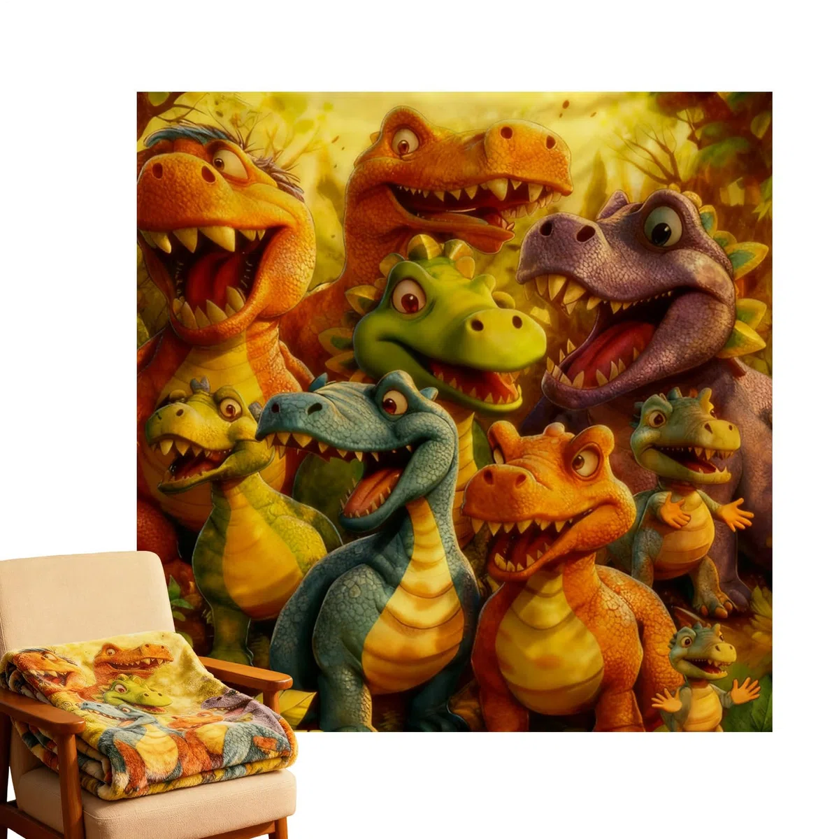 Coperta In Flanella Con Dinosauri Sorridenti ,Stampa Digitale Ad Alta Definizione Motivo Dinosauro,150x130 cm Morbida Coperta In Flanella Con Stampa Animali | per , Divano, Angolo Lettura, Camera da ,