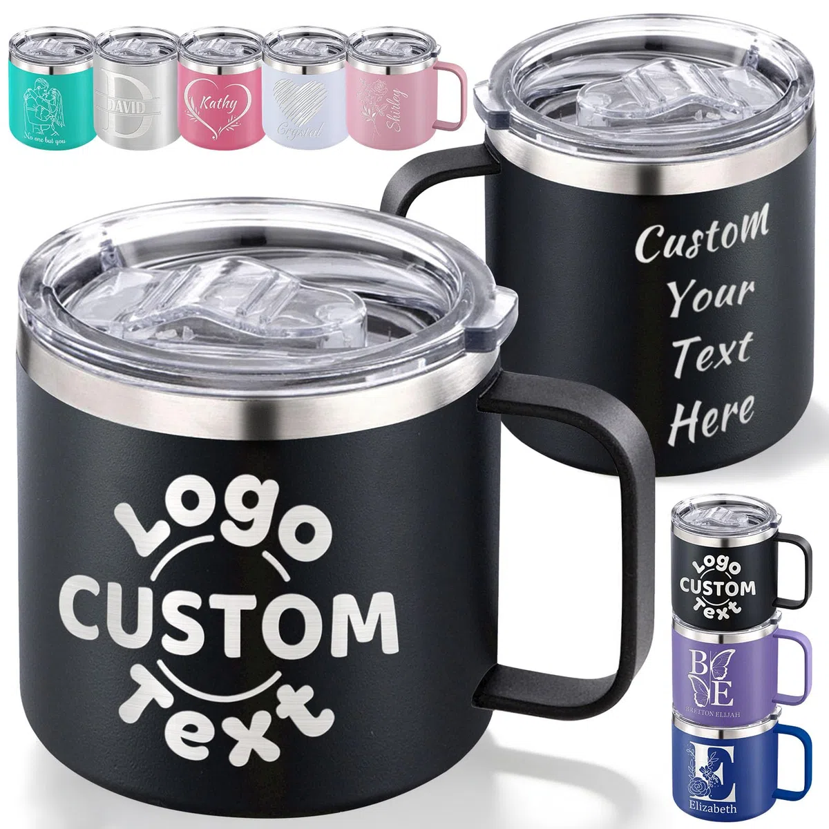 Tazza da caffè isolata personalizzata con nome/testo/logo inciso, bicchiere da viaggio in acciaio inossidabile personalizzato con manico coperchio Tazza termica a doppia parete personalizzata per