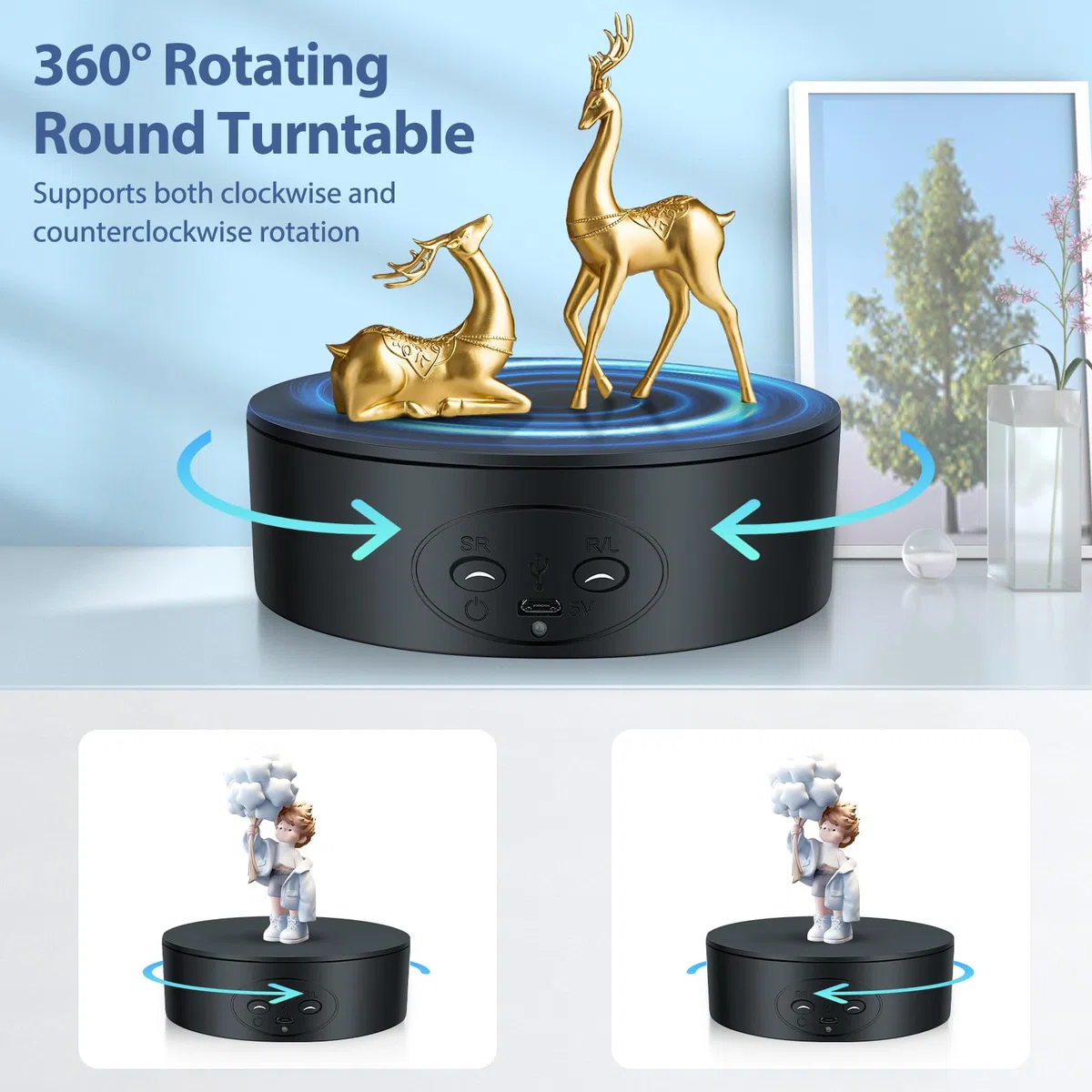 Espositore Girevole Elettrico, Elettrico Rotante Giradischi a 360 Gradi 13 cm, Portata 5 kg Ideale per Fotografia di Prodotti, Giocattoli e Gioielli Alimentazione a Batteria o USB Silenzioso