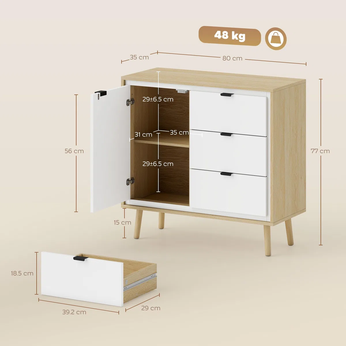HOMCOM Credenza Cucina con 3 Cassetti e Armadietto, Mobile Cucina Moderno con Ripiano Regolabile, Credenza Buffet per Soggiorno, Sala da Pranzo e Salotto, 80x35x77 cm, Bianco Lucido e Rovere