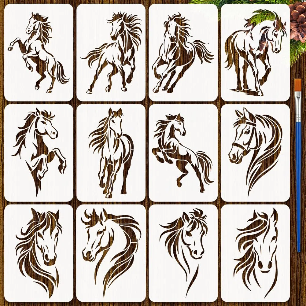 FINGERINSPIRE 12Styles Stencil per Cavallo con Pennello e Inchiostro, 29.7x21cm Stencil per Dipingere Teste di Cavallo Stencils con Motivo di Cavallo Al Galoppo Modelli con Temi Animali per Dipingere