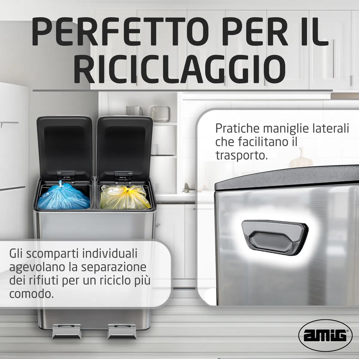 Amig - Pattumiera Doppia per Raccolta Differenziata con Pedali Mod. RECIK EVO 40 L - 2 Scomparti da 20 L ciascuno - Acciaio Inossidabile - 45 x 30 x 52 cm - Argento