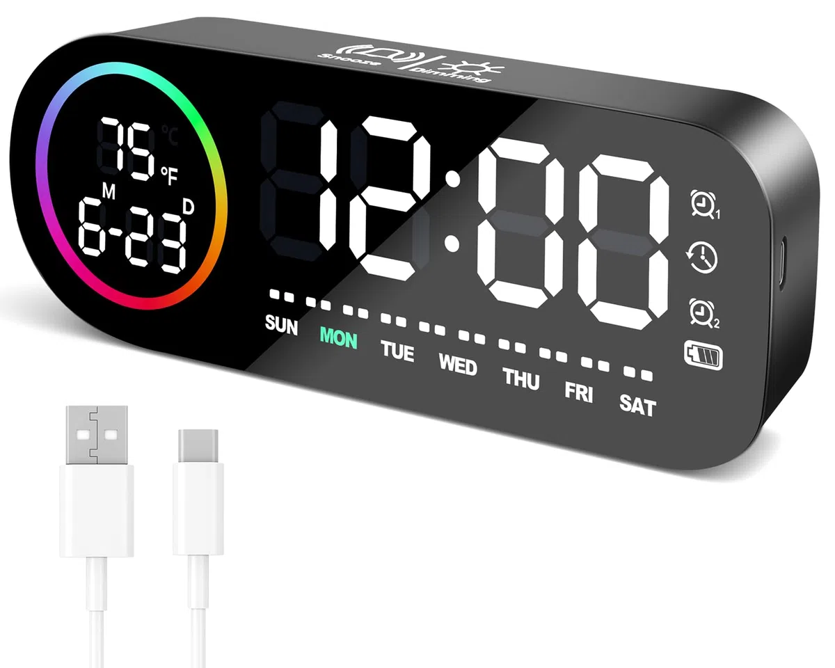 Vinabo Sveglia digitale con luce notturna a 7 colori, 4 livelli di luminosità, ampio display a LED della temperatura, controllo vocale, 12/24 ore, porta USB, snooze, memoria di spegnimento (Nero)