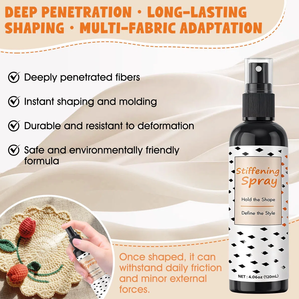 Indurente per Tessuti, Spray Indurente per tessutis, Amido per Tessutis, Mantiene la Forma a Lungo, Adatto a Diversi tessuti, Tra Cui Cotone, Lino, Seta e Filati, 120ml