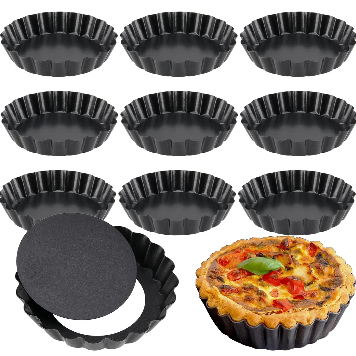 MOUYAT Confezione da 10 teglie rotonde per quiche, 10 cm, antiaderenti, con fondo sciolto, tortiere scanalate torta
