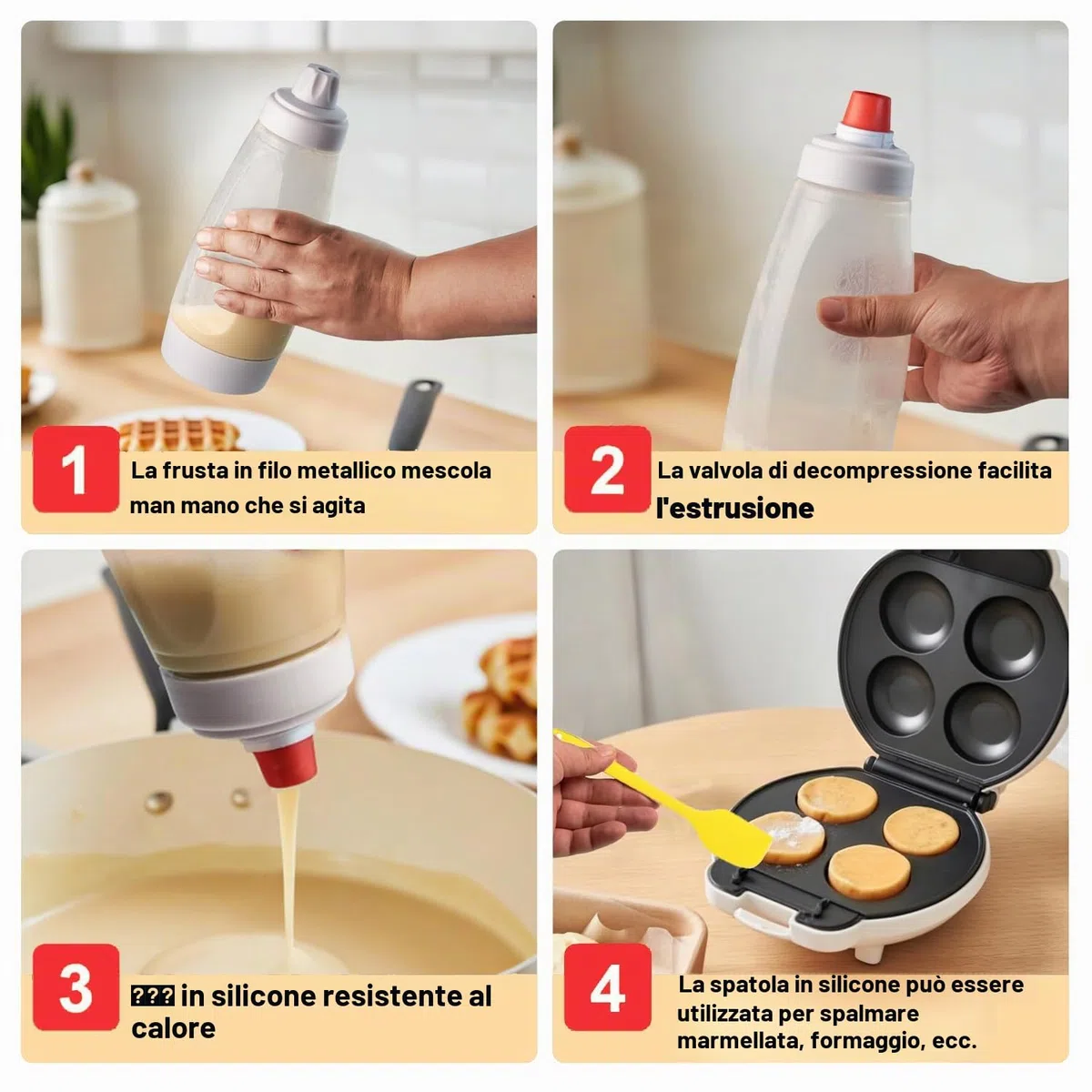 Distributore di pastella per Pancake con Palla di miscelazione per Pancake, distributore di pastella per Crepes, Bottiglia per spremere Le Crepes, distributore di pastella per Crepes