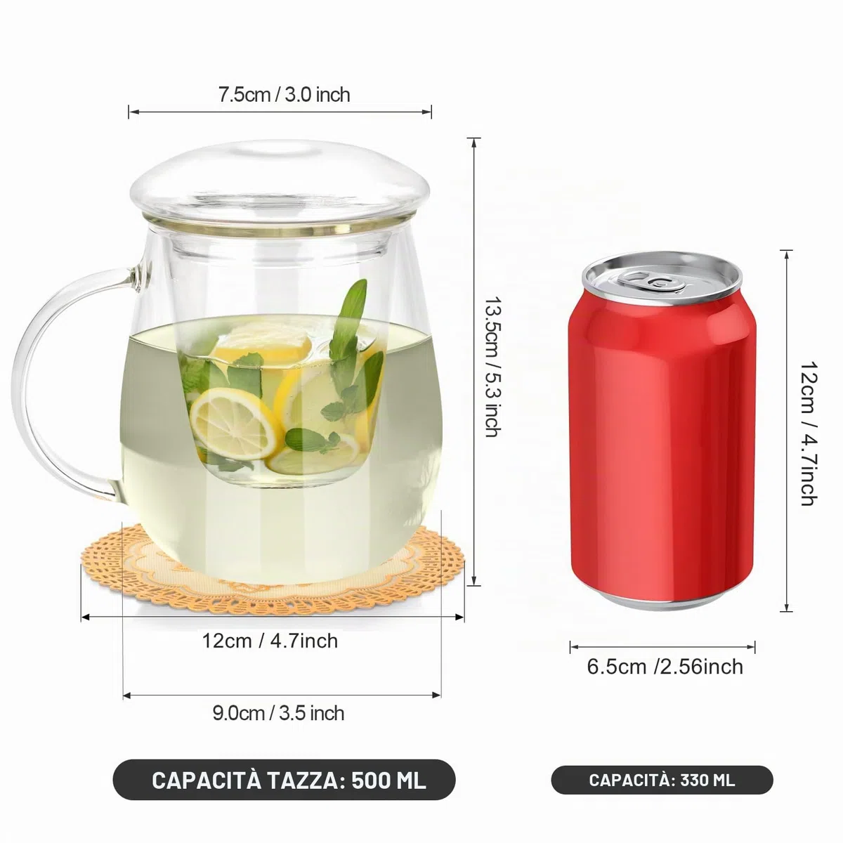 Tazza da tè in vetro da 500 ml, Tazza da tè con filtro e coperchio, tazza da tè in borosilicato adatta per tè nero, bevande, caffè freddo, bustine di tè