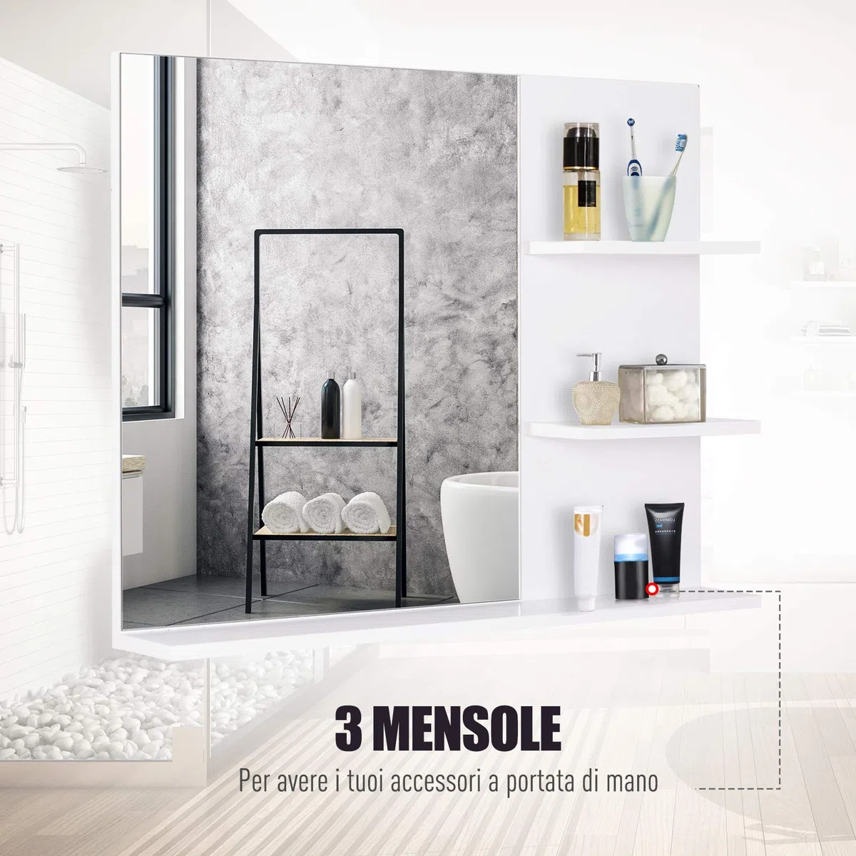 kleankin Specchio da Bagno con 2 Ripiani Laterali e Ripiano Inferiore, Specchio Moderno con Montaggio a Parete, in MDF e Vetro, 60x10x48 cm, Bianco