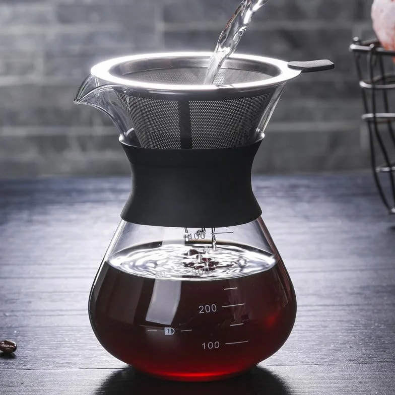 PIQIUQIU Versare sopra macchina da caffè 400ml, macchina da caffè in vetro Macchina da caffè a goccia manuale con filtro in acciaio inossidabile Polvere di Caffè Macinato