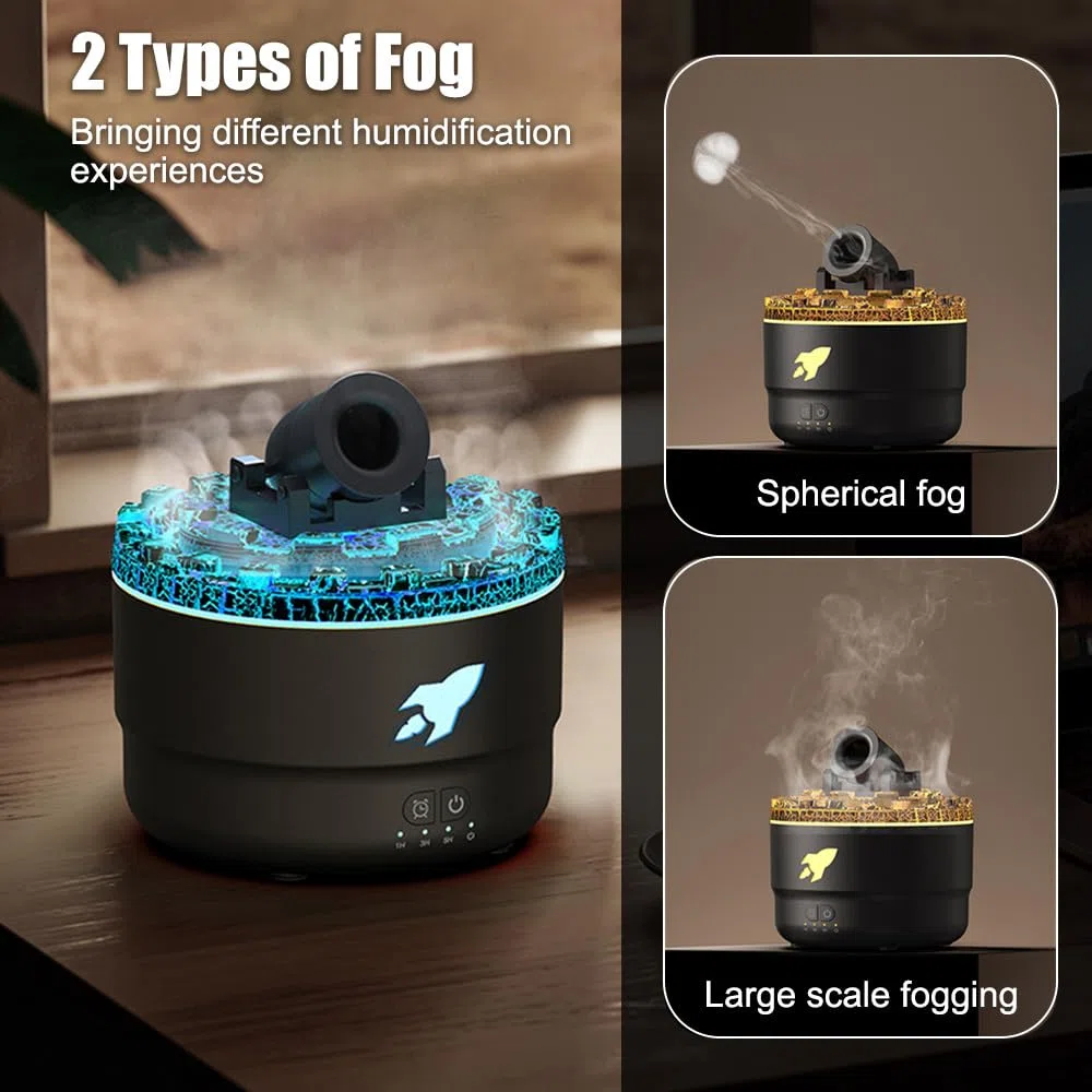 Umidificatore, Diffusore Cannone da Aromi con Nebbia di Vulcano Simulato, Umidificatori Ambiente Cannone Silenzioso con 7 Luci Colorate per Casa Ufficio Viaggio
