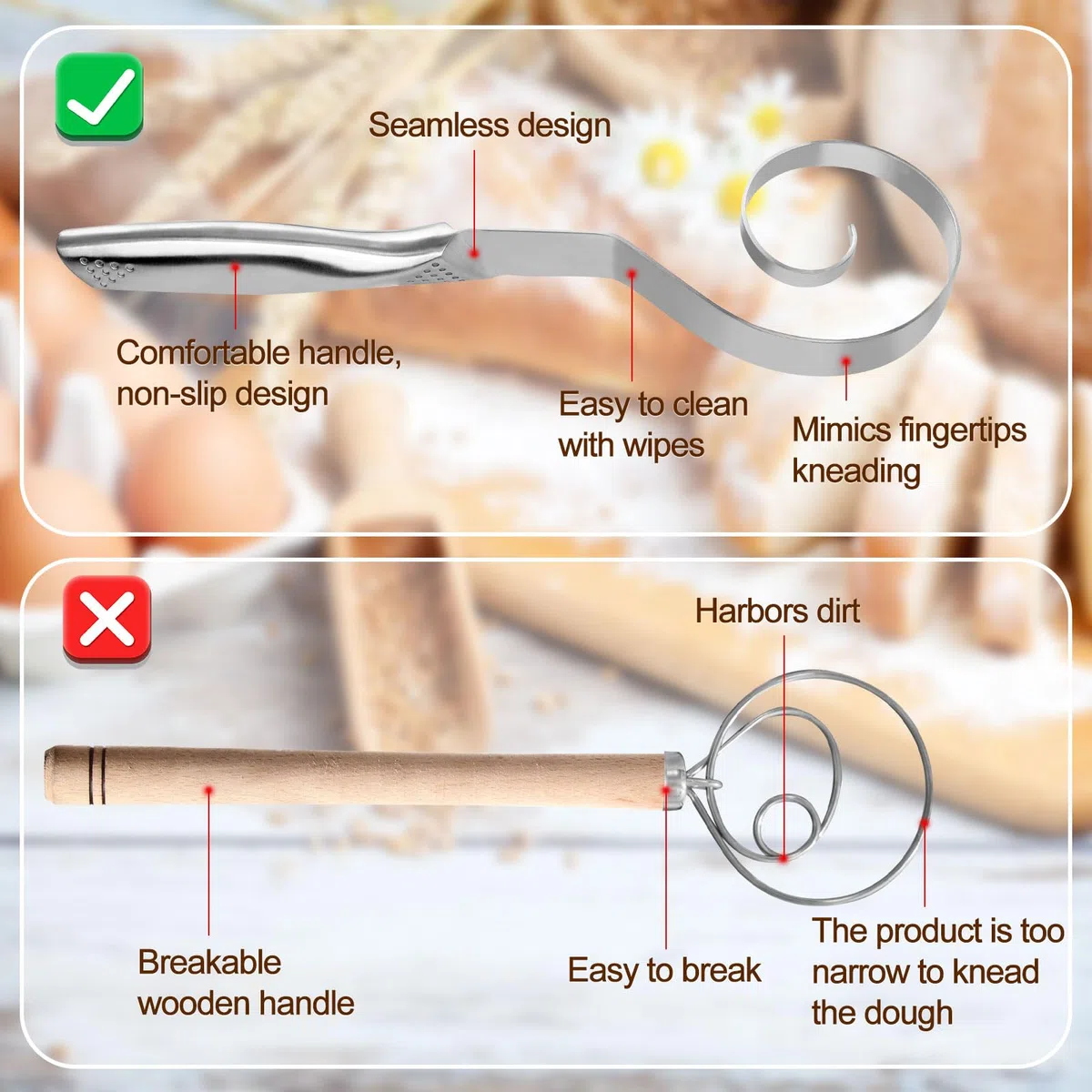 Frusta per Impasto, Frusta per Impasto Senza Soluzione di Continuità Frusta per Impasto in Acciaio Inox Frusta per Impasto del Pane Strumento per la Preparazione di Impasto Pane e Torte