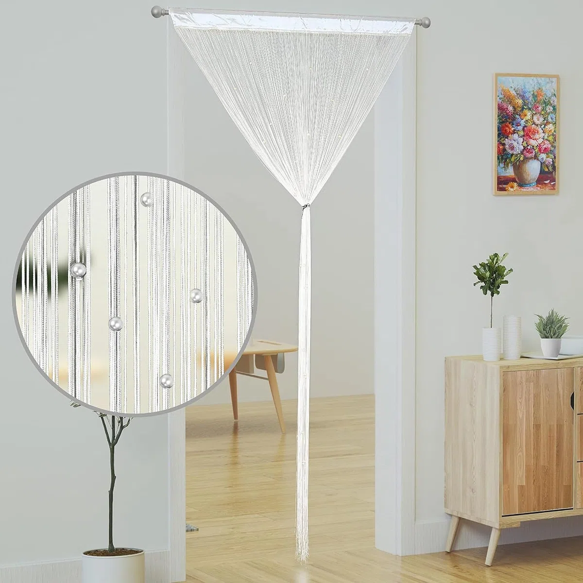 Tenda a Fili con Perle Bianche 100 x 200 cm - Protezione Dagli Insetti per Porta e Balcone con Perline