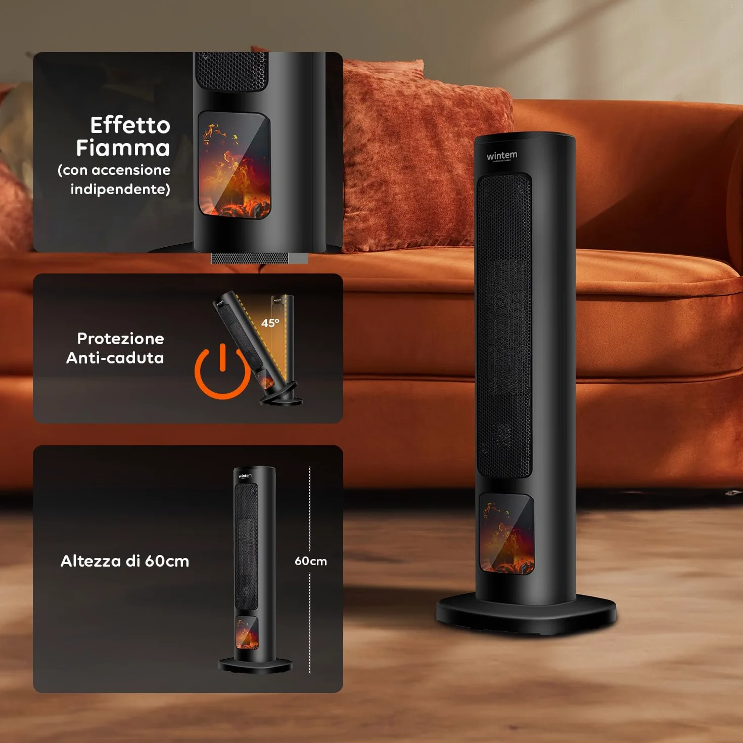 Wintem Stufa Termoventilatore Elettrico a Torre 800/2000W con Display Effetto Camino e Telecomando 60cm - Ideale per un Riscaldamento in Sicurezza Grazie alla Funzione di Spegnimento Automatico