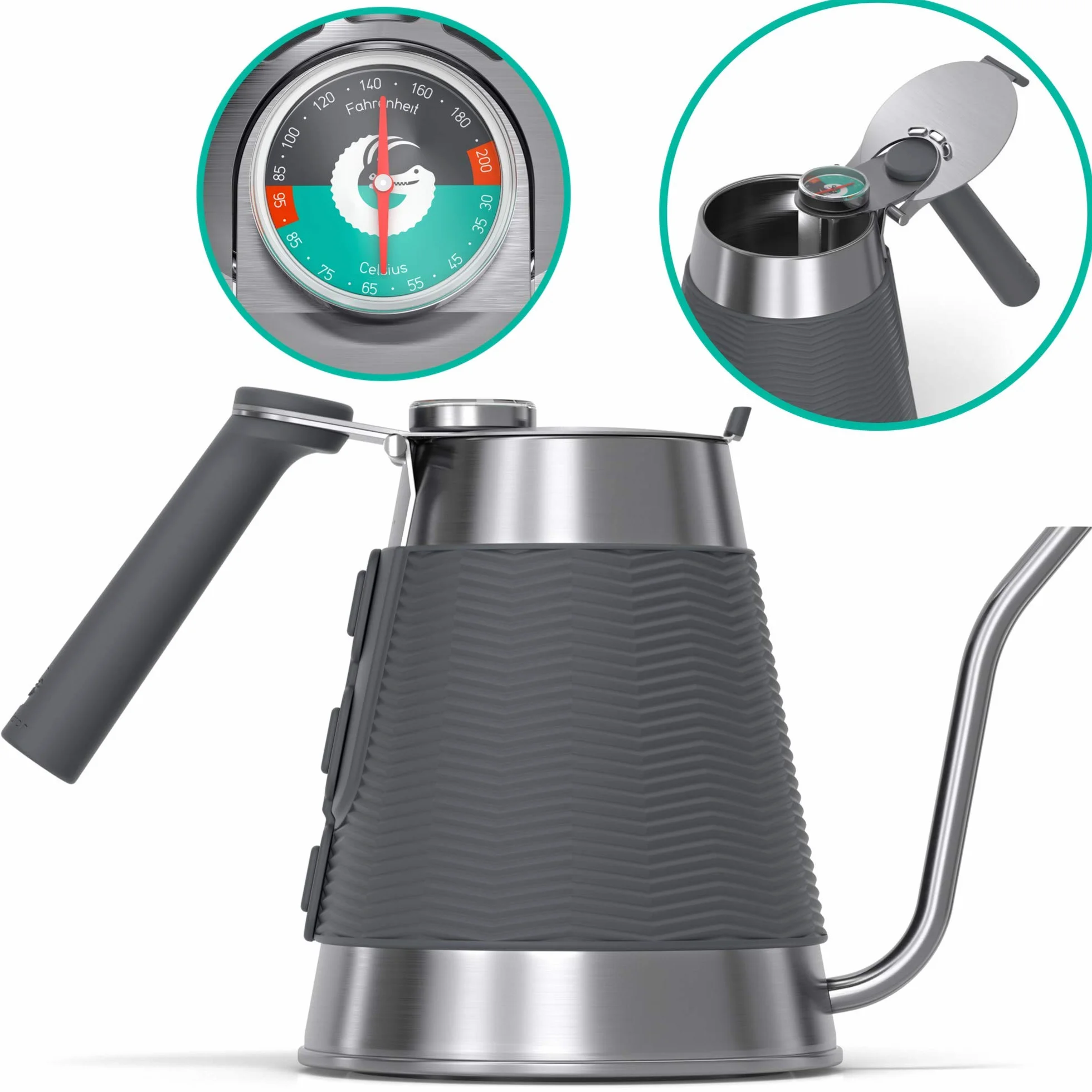 Bollitore True Brew di Coffee Gator - Bollitore professionale pour over, con beccuccio di precisione a collo d’oca, termometro integrato e coperchio a riempimento rapido - 1,6l