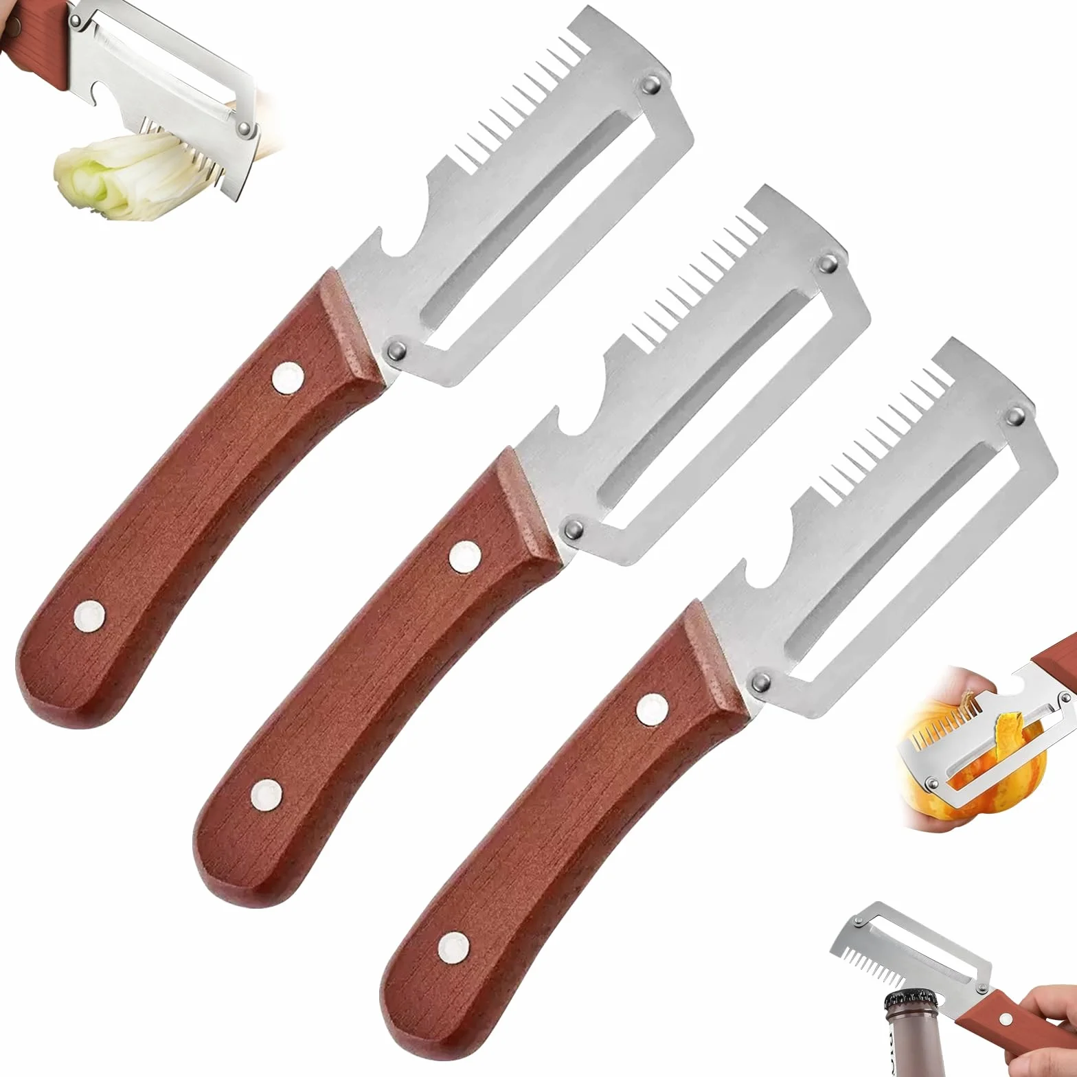 3Pezzi Pelapatate Multifunzionale, 3 in 1 Pelapatate Professionale, Pela Patate in Acciaio Inox Pela Patate e Verdure Manico in Legno Apribottiglie Tagliare il Cipollotto a Julienne per Cucina