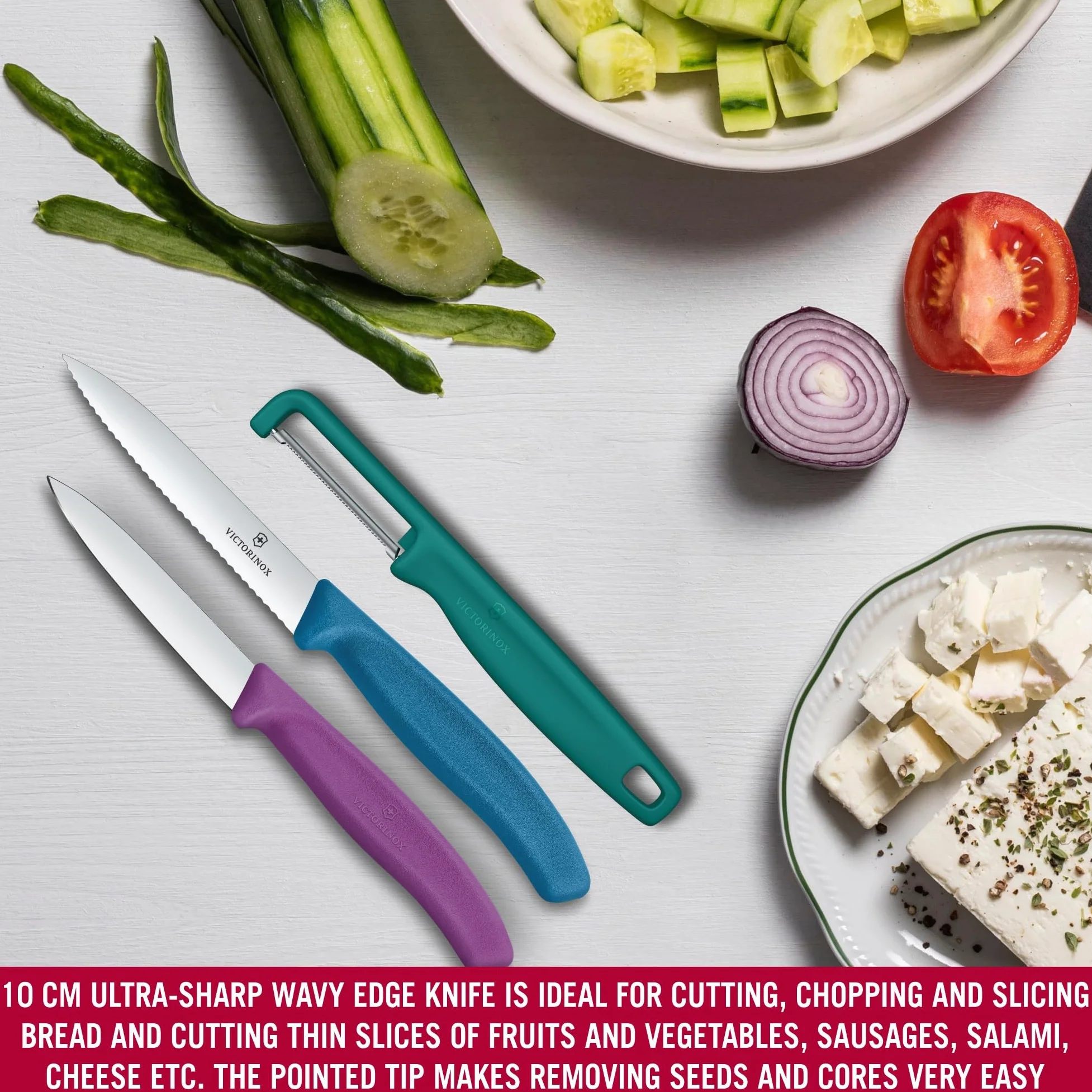 Victorinox Swiss Classic Set di coltelli per verdure con pelapatate, spelucchino e coltello per pomodori, 3 pezzi, lama diritta e seghettata, acciaio inox, Colorato