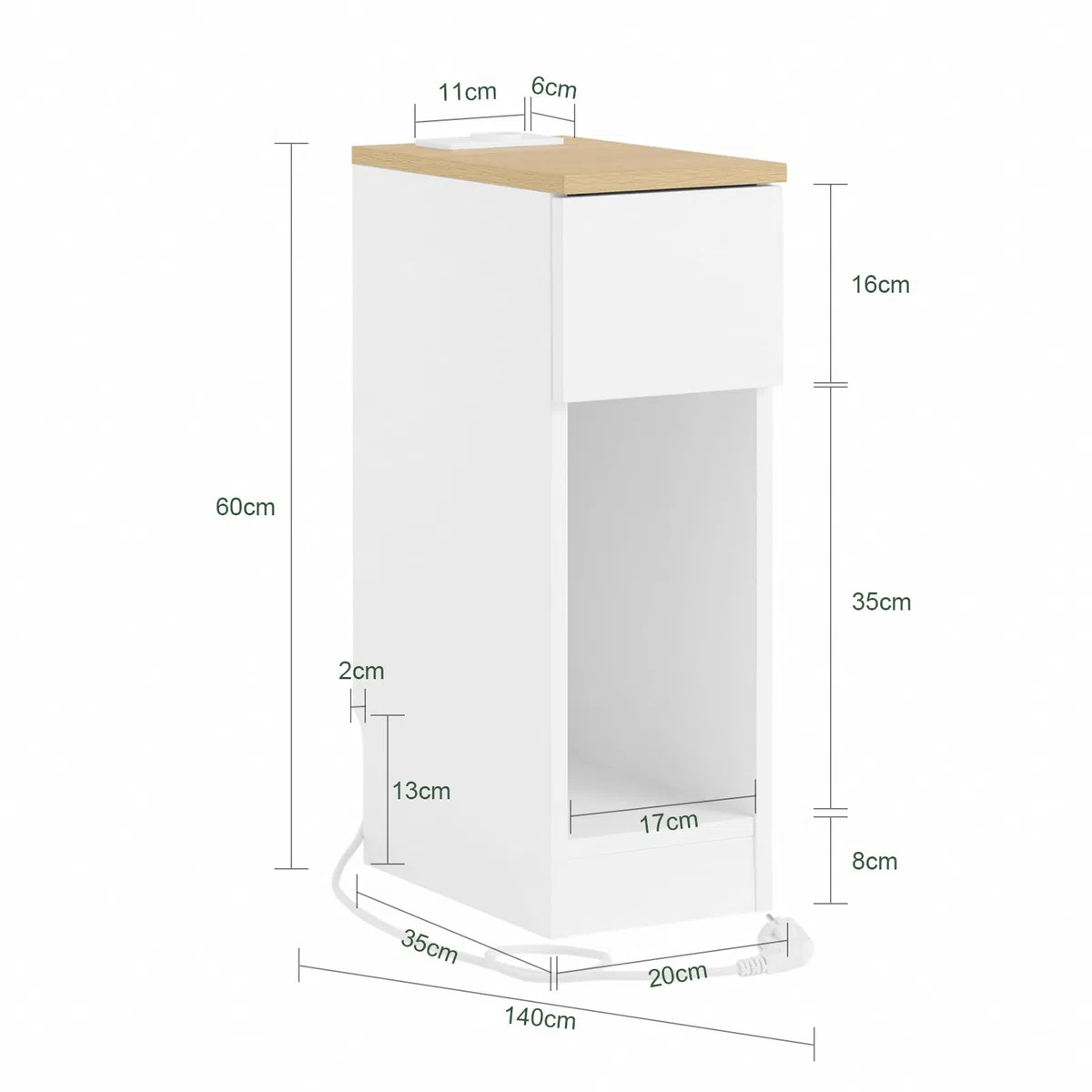 SoBuy Set da 2 comodini camera da letto stretti con ricarica USB & Type-C, tavolino da letto con incavo battiscopa, mobile salvaspazio per piccoli ambienti, bianco 20x35x60 cm FBT111-E-WNx2
