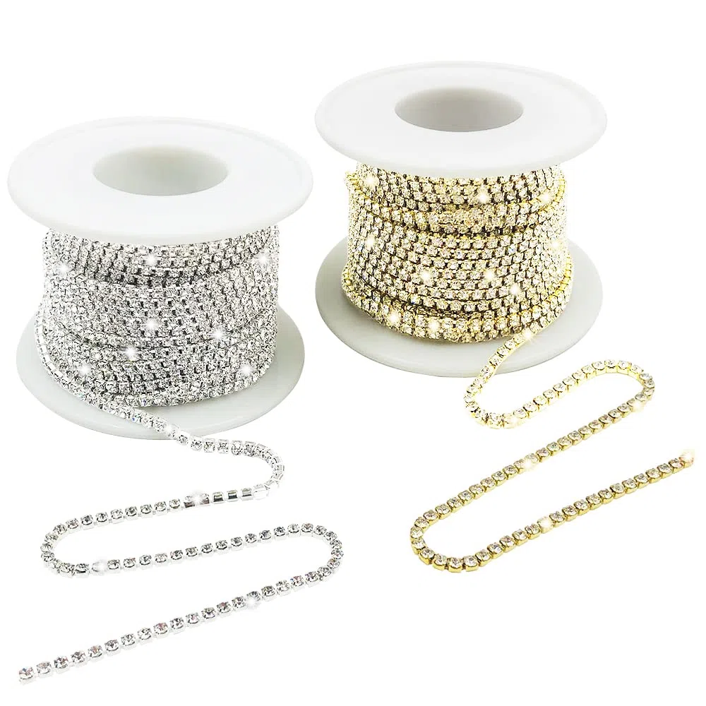 2 Rotoli da 2 mm di Strass di Cristallo Chiusura a Catena, lyfLux Strass di Cristallo Chiusura a Catena per Artigianato Cucito Decorazione (Argento, Oro), 11 Yards Ogni Rotolo/ 22 Yards Totale