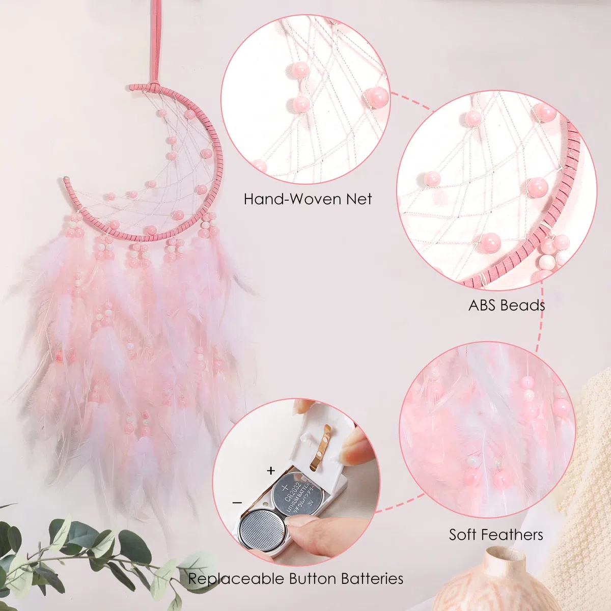 Acchiappasogni LED con Piume, Fatto a Mano Acchiappasogni Indiano Dream Catcher per Decorazione Parete di Nozze Camera da Letto Casa Ragazze Bambini Regalo di Compleanno