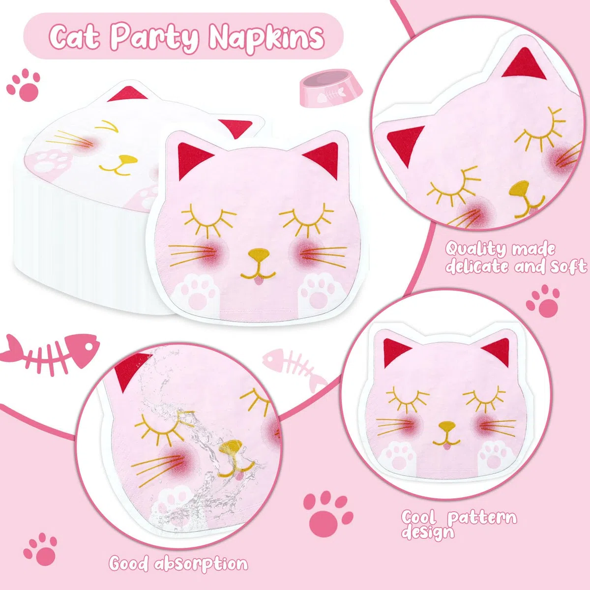 100 tovaglioli a forma di gatto, 25 x 29 cm, tovaglioli di carta con stampa a zampa bianca e rosa, decorazioni di compleanno per bambini, animali domestici, feste di compleanno