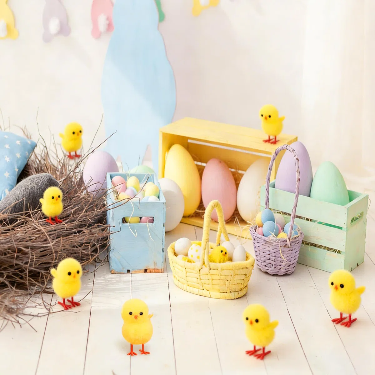 48 Pezzi Pasqua Mini Pulcini, Mini Pulcini Pasquali Soffici, Decorazione Cappello Uova di Pasqua, Fai da Te Arti e Mestieri Festa Decorazione (Giallo)