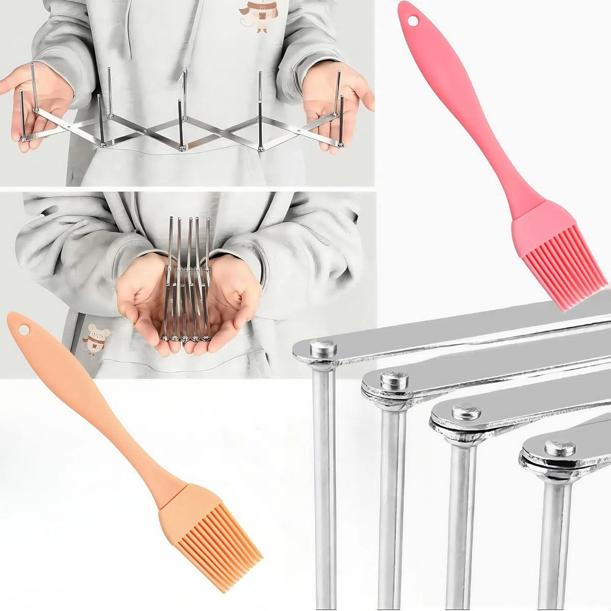 Porta BBQ in Acciaio Inox, 2 Pezzi Regolabile Retrattile Rack per Costine, Porta Coperchio, Ripiano per Barbecue per La Preparazione di Costolette O Arrosto con 2 spazzole in silicone