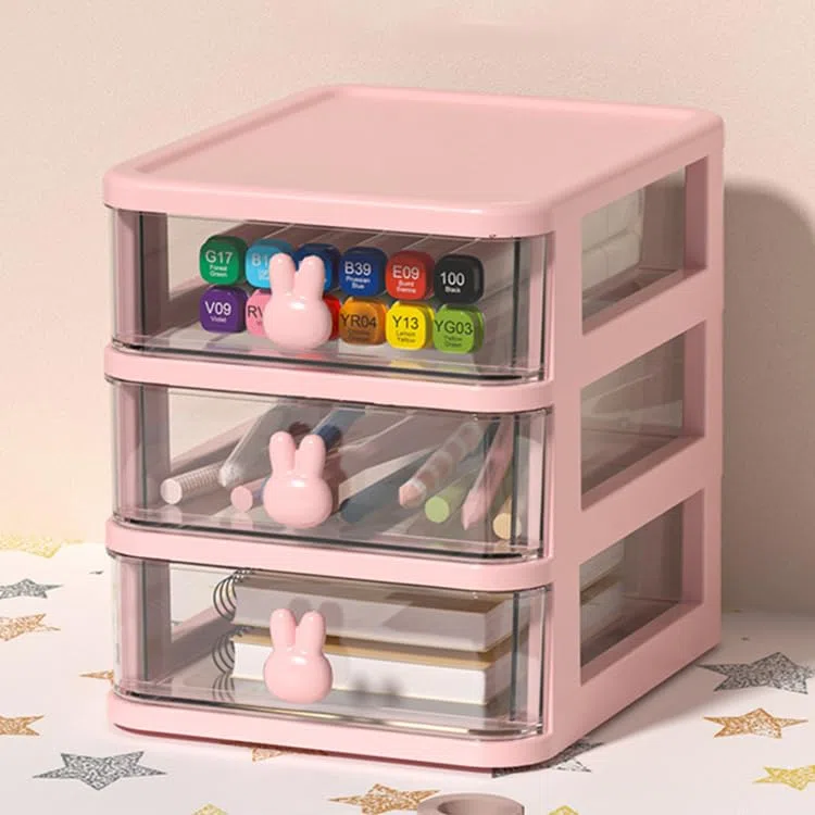 Mobile da tavolo con cassetti per archiviazione, organizer per articoli di cancelleria e arte, con adorabile maniglia a forma di coniglio, per ufficio, camera da letto e garage (Rosa, 3 livelli)