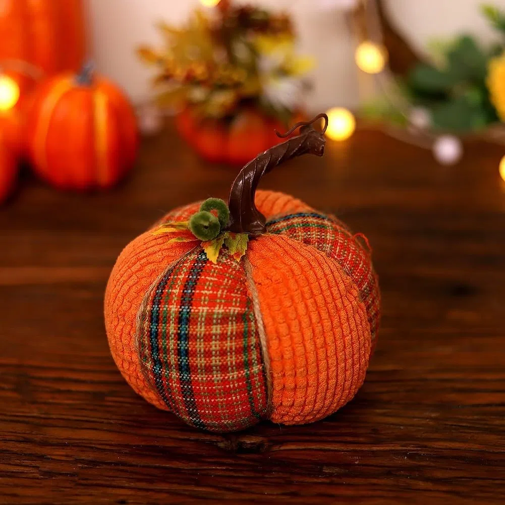 Zucche autunnali a quadri, decorazione da tavolo in tessuto di zucca artificiale, zucca rustica per decorazioni autunnali per la casa e le vacanze a tema autunnale (arancioneB)