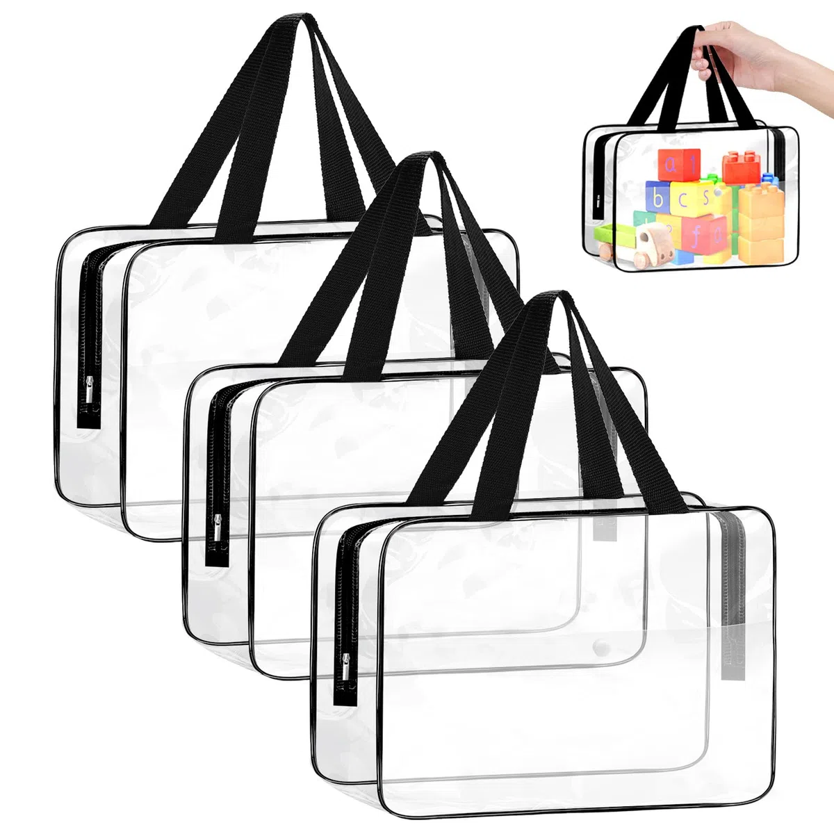 3 Borse di stoccaggio trasparenti in PVC con scomparti e maniglie - Ideali per giocattoli, viaggi, casa e ufficio - Grande capacità, resistente e facile da pulire