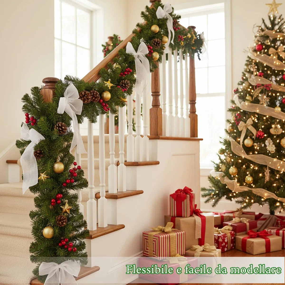 LEIVESTE-Ghirlanda Natalizia 270 cm con 220 Rami Verde Abete, Festone Natalizio per Porta, Camino, Scala,Decorazione di Natale per Interno ed Esterno (270 CM)