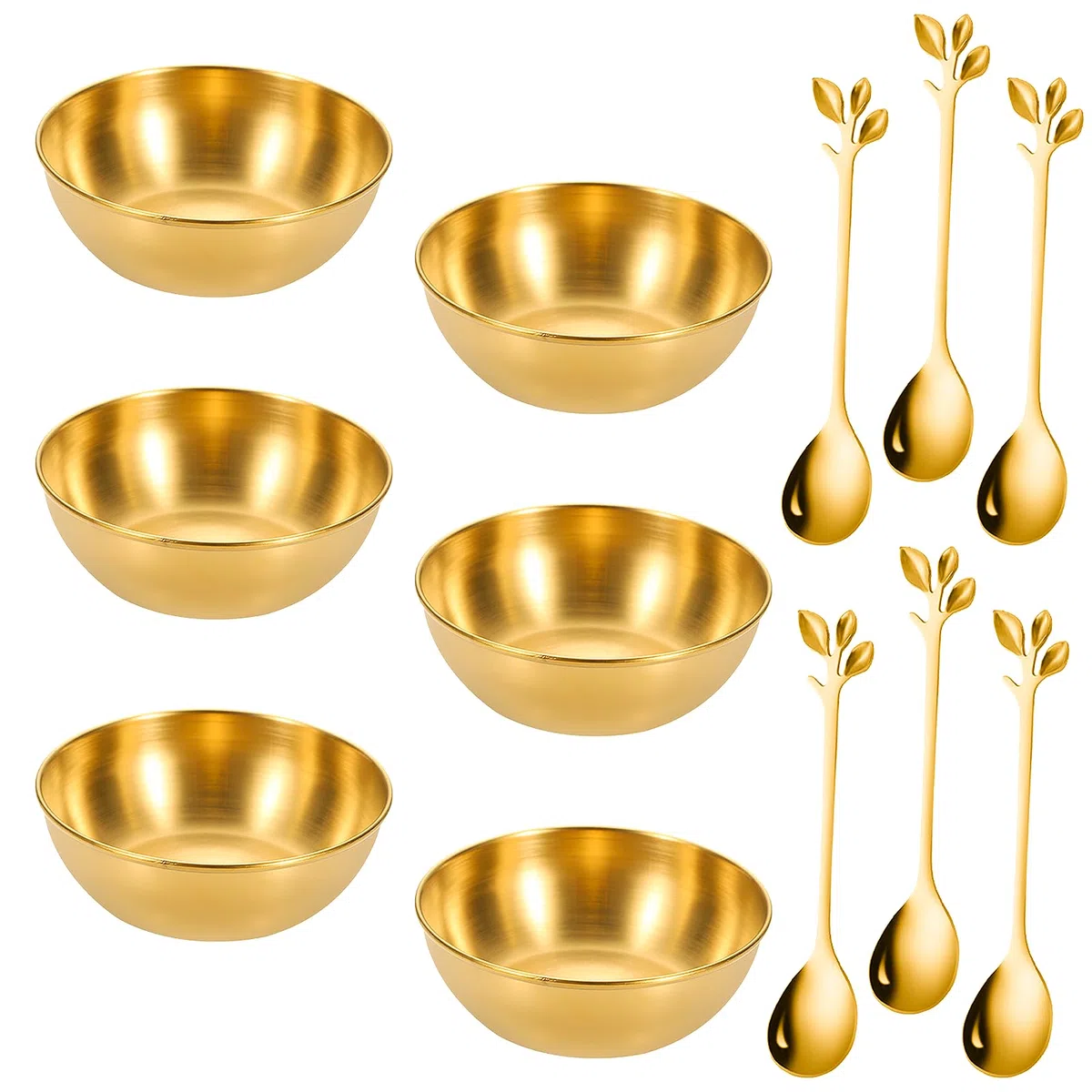 6 Pezzi Ciotole Rotonde Acciaio Inox Dorate Mini Ciotole per Salse Ciotoline Salse d’Oro con 6 Cucchiai Per Salsa di Soia Condimenti Spezie Frutta Tapas