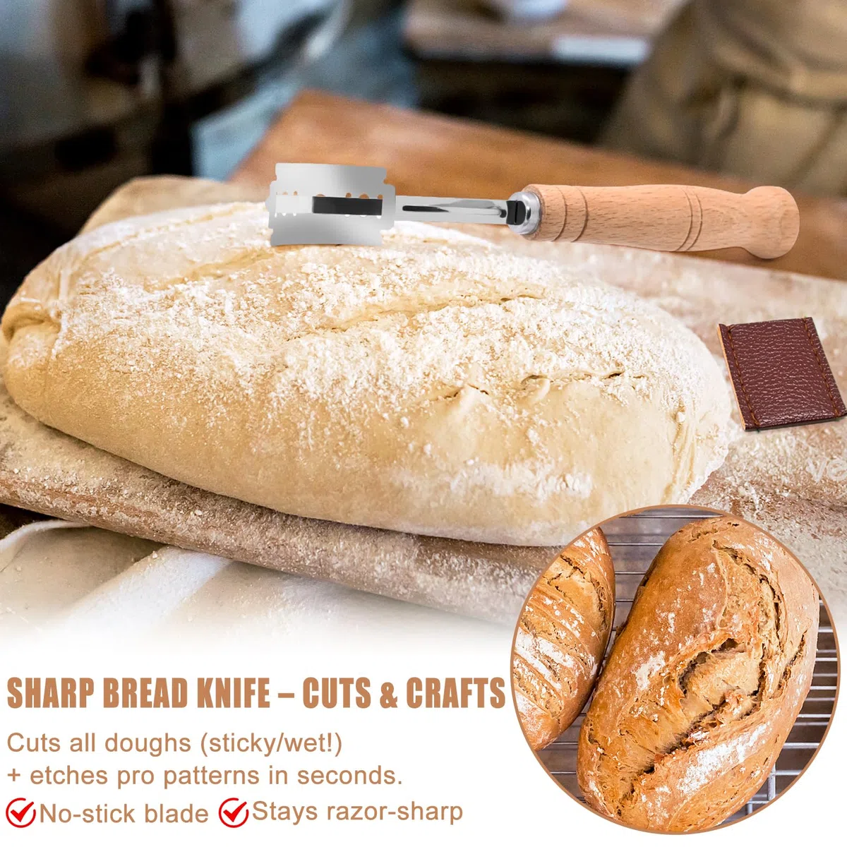 Set di 6 Taglierino per Pane - incl. Lama per Pane con 10 Lametta Sostituibili & Custodia Protettiva, Frusta Danese a Mano, 2 Spatola per Pasta, Pennello, Accessori per Panificazione
