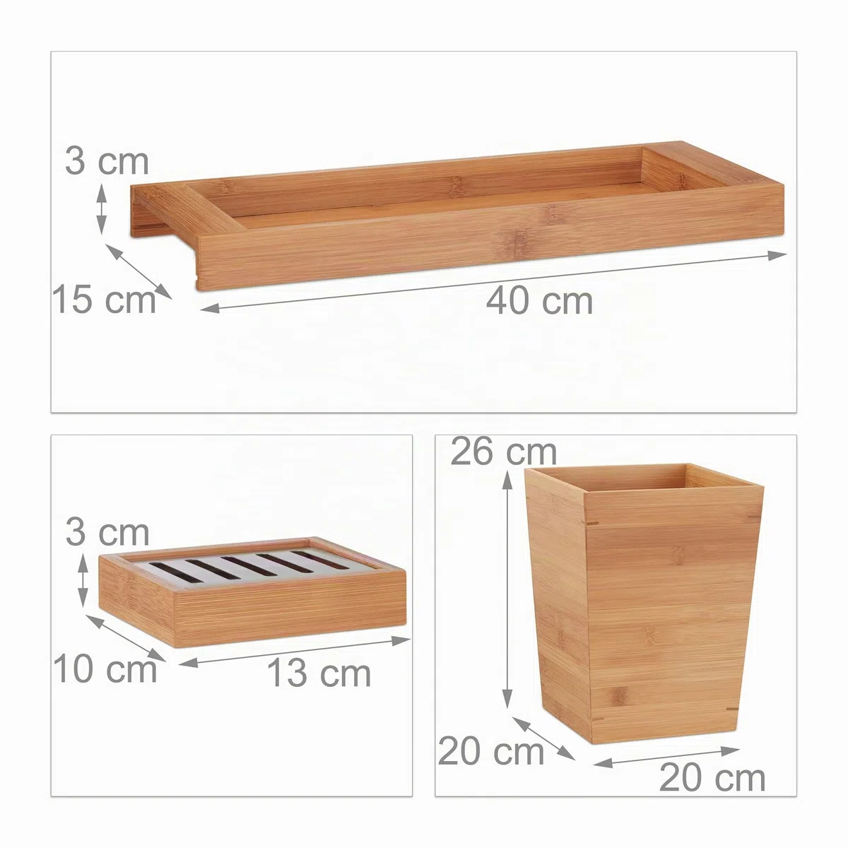 Relaxdays Kit Bagno Porta Sapone, 6 pz bambù, Dosatore, Cestino, Porta-Scopino, Ripiano, Portaspazzolino, Legno Naturale