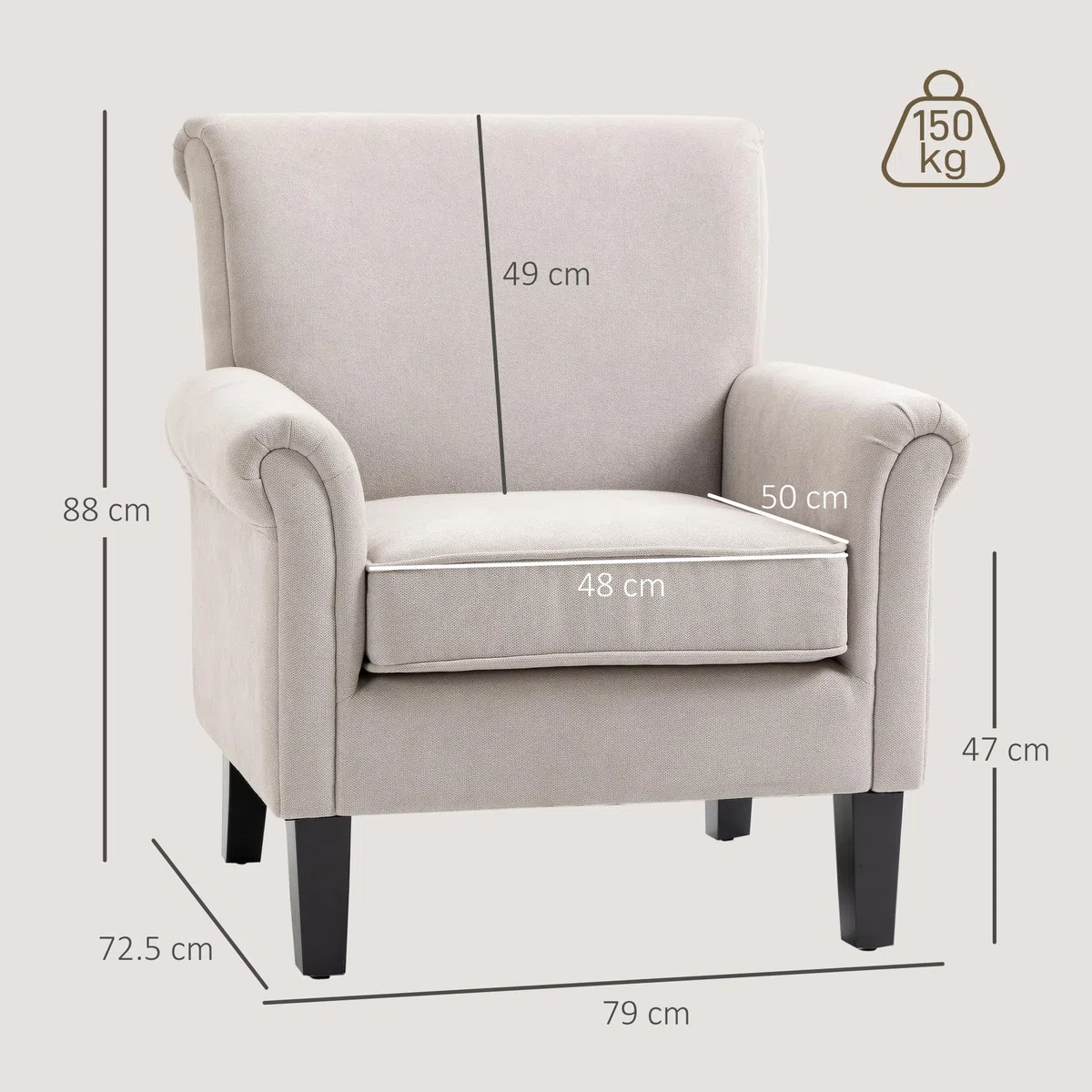 HOMCOM Poltrona d'Arredo in Stile Nordico con Braccioli, Poltrona Imbottita in Legno e Poliestere, 79x78x87 cm, Grigio e Marrone