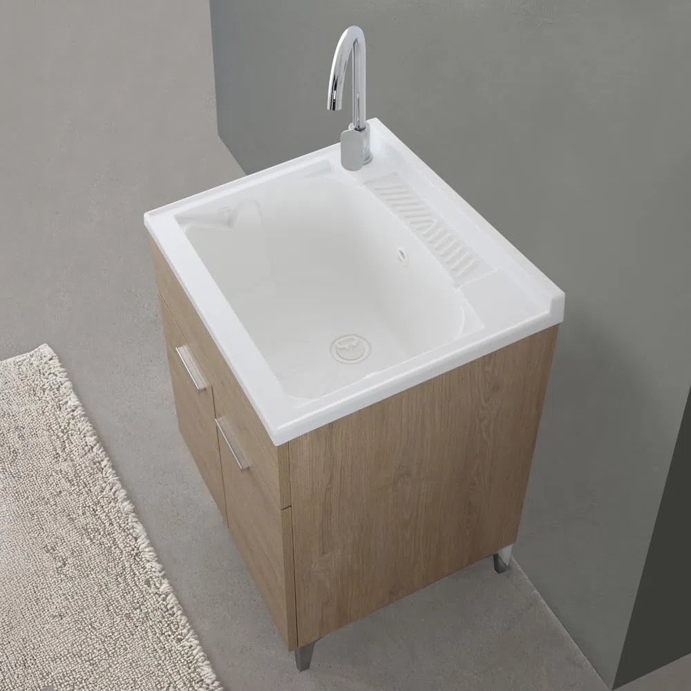 Mobile Lavatoio 60X50 Cm Con Vasca In Resina Bianca, Asse Lavapanni, Struttura In Legno Nobilitato Rovere Con Un’Anta Apribile Mediante Maniglia Cromata, Già Montato Con Kit Di Scarico Incluso