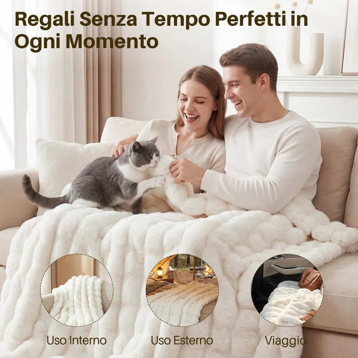 Coperta Plaid Super Morbida Pile Peluche di Coniglio Caldo e Spesso 130 x 160 cm, 1000 g/m² Divano Coperta Fluffy di Alta Qualità, Versatile Coperta Matrimoniale per Camera da Letto Viaggi, Bianco