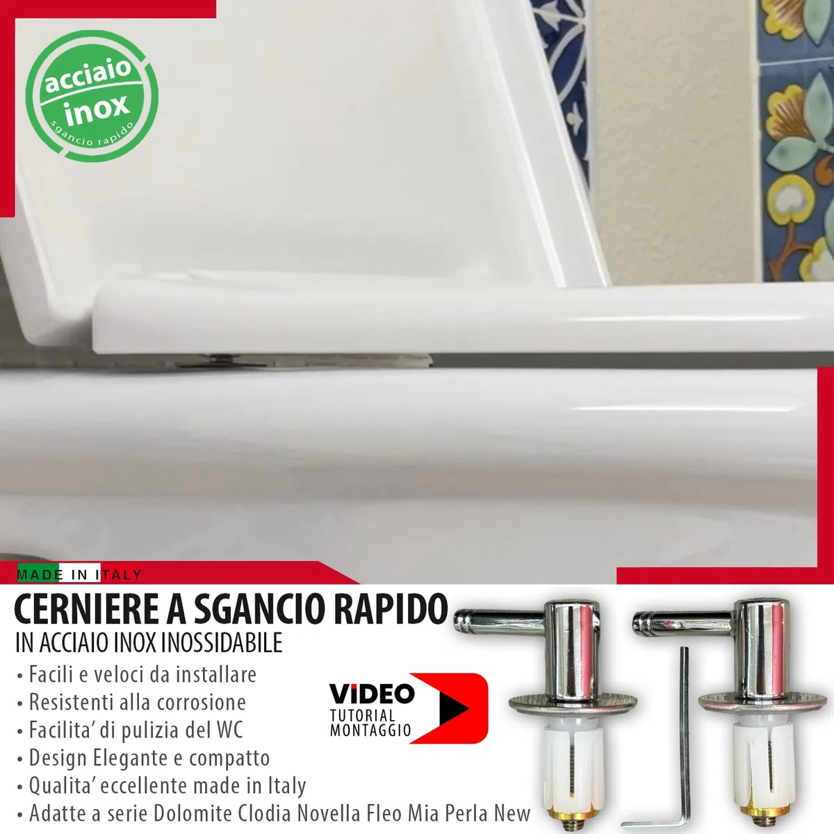 Cerniere Tavoletta WC Acciaio Inox - MASTERBRICO, Cerniere Copriwater a Sgancio Rapido, Universali per Copriwater Dolomite Clodia, Mia, Fleo, Novella, PerlaNew - Design Cromato Moderno - Set 2 Pezzi