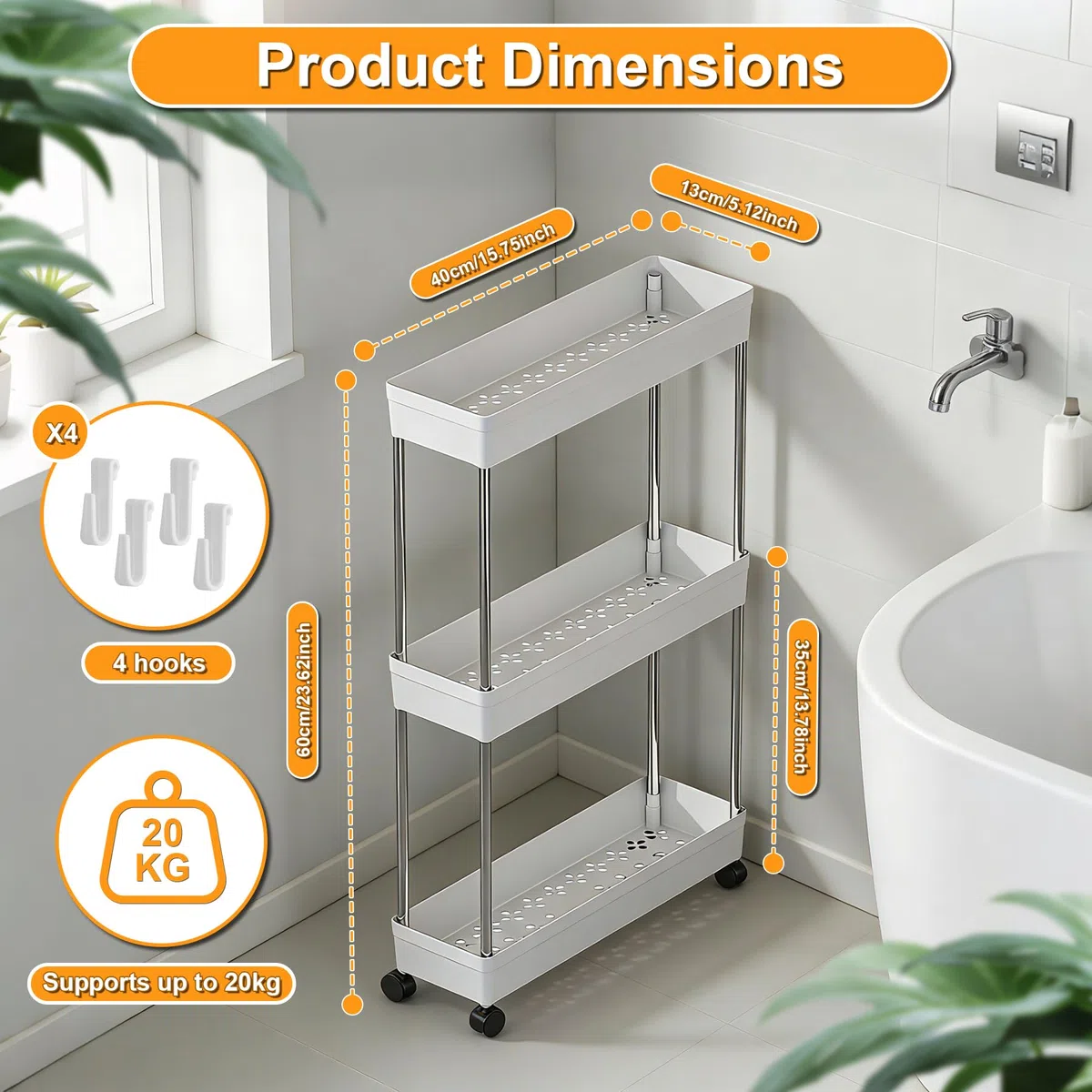 Carrellino con Ruote Portatutto a 3 Ripiani, Carrello Cucina e Mobiletto Bagno Salvaspazio, Scaffale Mobile per Casa, Ufficio e Lavanderia, in Plastica e Acciaio, Bianco