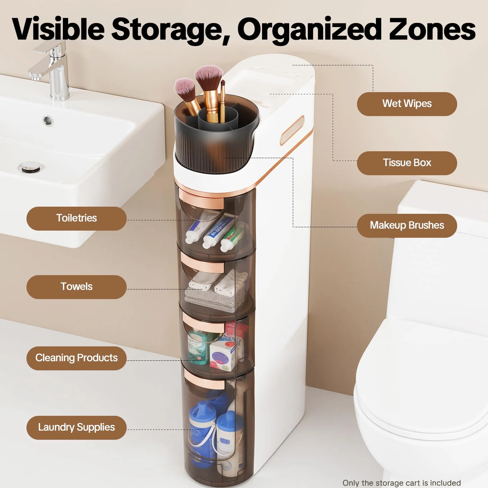 Armadietto mobile da bagno sottile con 4 cassetti, piattaforma superiore con 3 scomparti