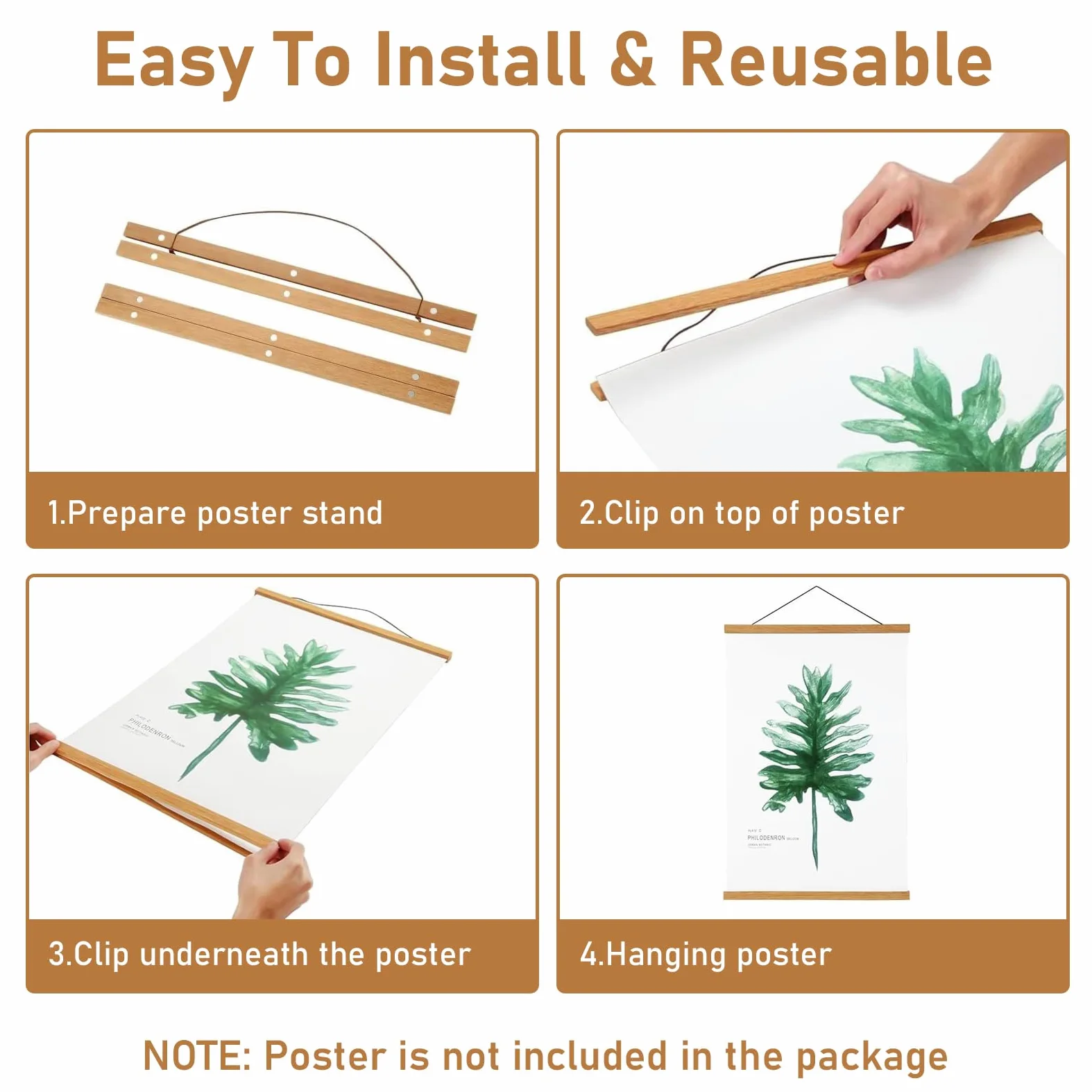 3 Supporti per Poster A4, Supporto Magnetico per Poster, Cornice in Legno di Teak per Appendere Poster (3 pezzi 21 cm)
