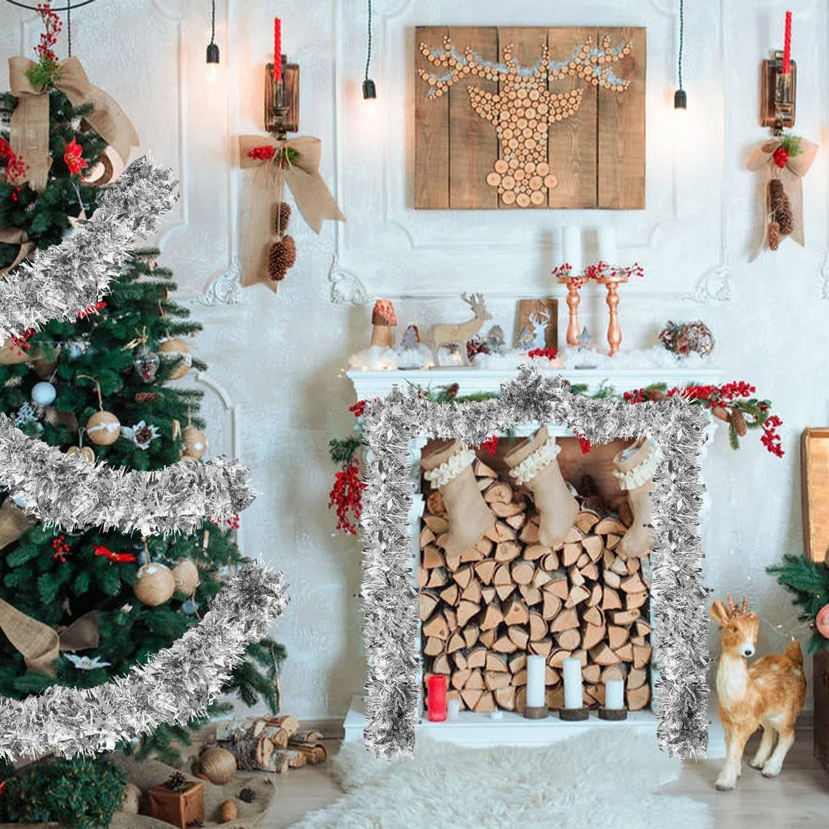 SULOLI Ghirlanda Natalizia Argente,10 Metri Ghirlanda Tinsel Artificiale per Decorazioni Albero di Natale(Argento)