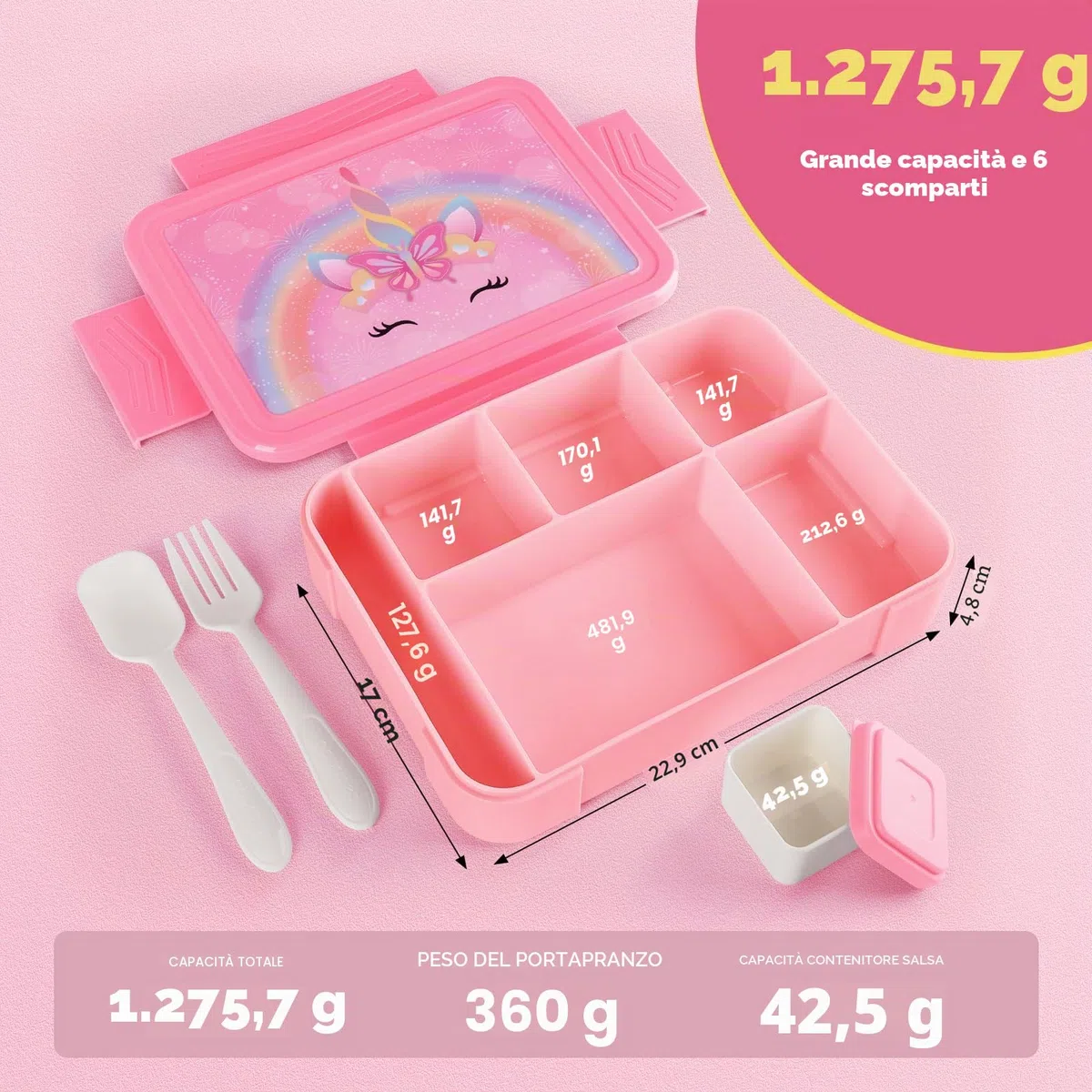 JYPS Porta Merenda Bambino, 1330ml Porta Pranzo Bambini, Lunch Box Bambina Con 6 Scomparti, Portamerenda Bambina Per Scuola, Portavivande Con Posate, Bento Box Senza BPA (Unicorno)